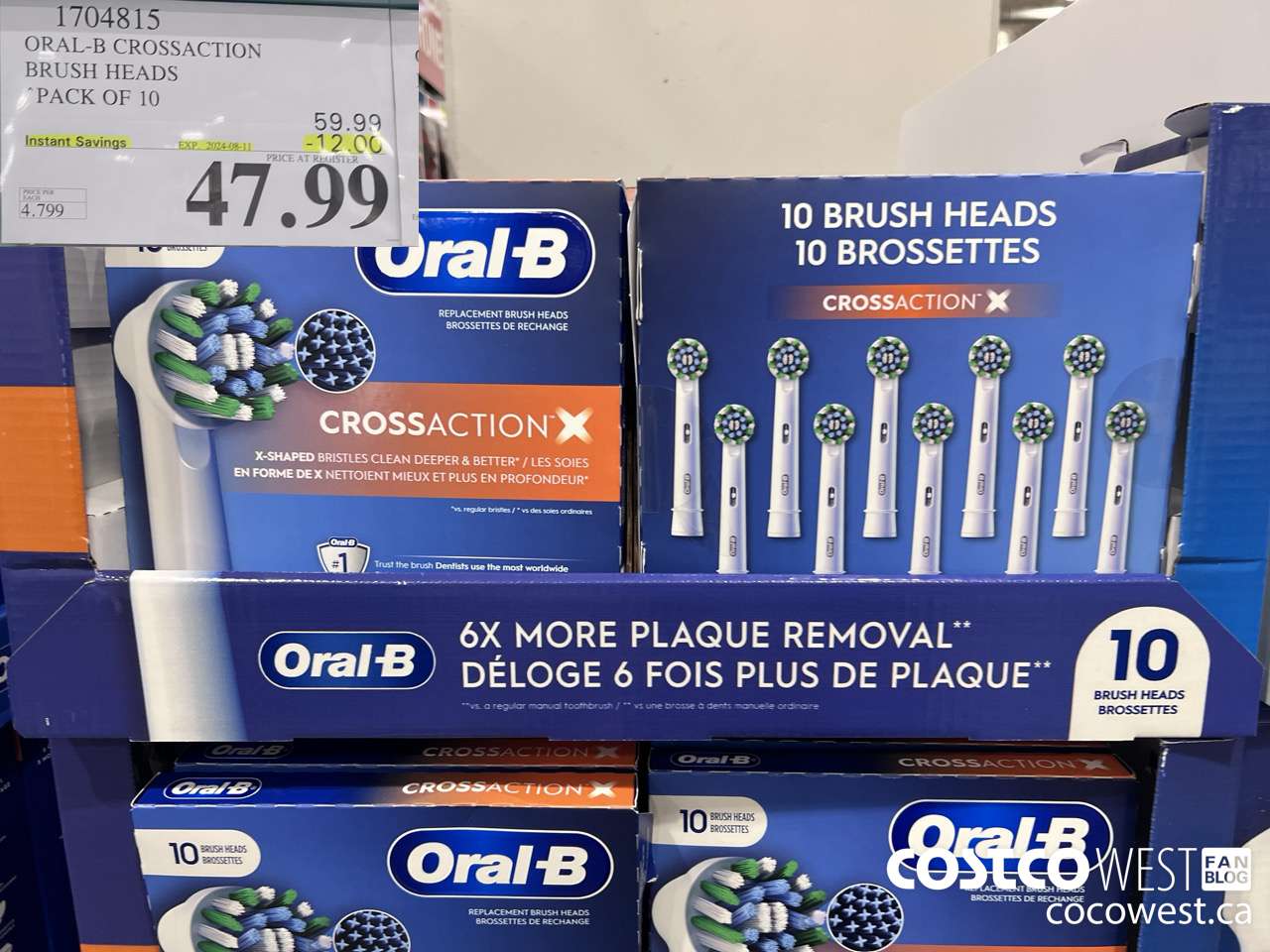 1704815 ORAL-B CROSSACTION BRUSH HEADS PACK OF 10 ($12.00 INSTANT SAVINGS EXPIRES ON 2024-08-11) $47.99