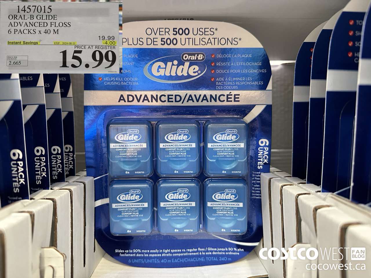 1457015 ORAL-B GLIDE ADVANCED FLOSS 6 PACKS x 40 M ($4.00 INSTANT SAVINGS EXPIRES ON 2024-08-11) $15.99