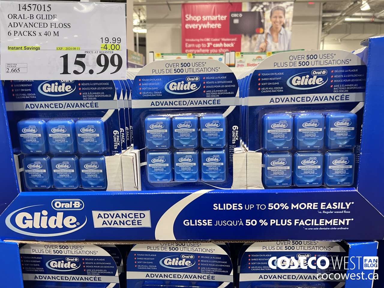 1457015 ORAL-B GLIDE ADVANCED FLOSS 6 PACKS x 40 M ($4.00 INSTANT SAVINGS EXPIRES ON 2024-08-11) $15.99