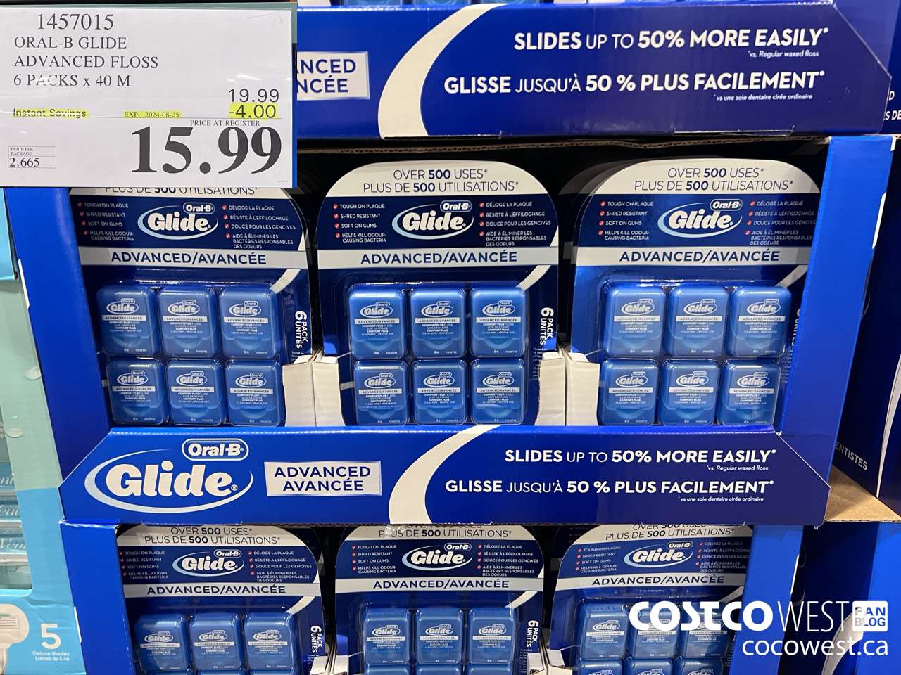1457015 ORAL-B GLIDE ADVANCED FLOSS 6 PACKS x 40 M ($4.00 INSTANT SAVINGS EXPIRES ON 2024-08-25) $15.99