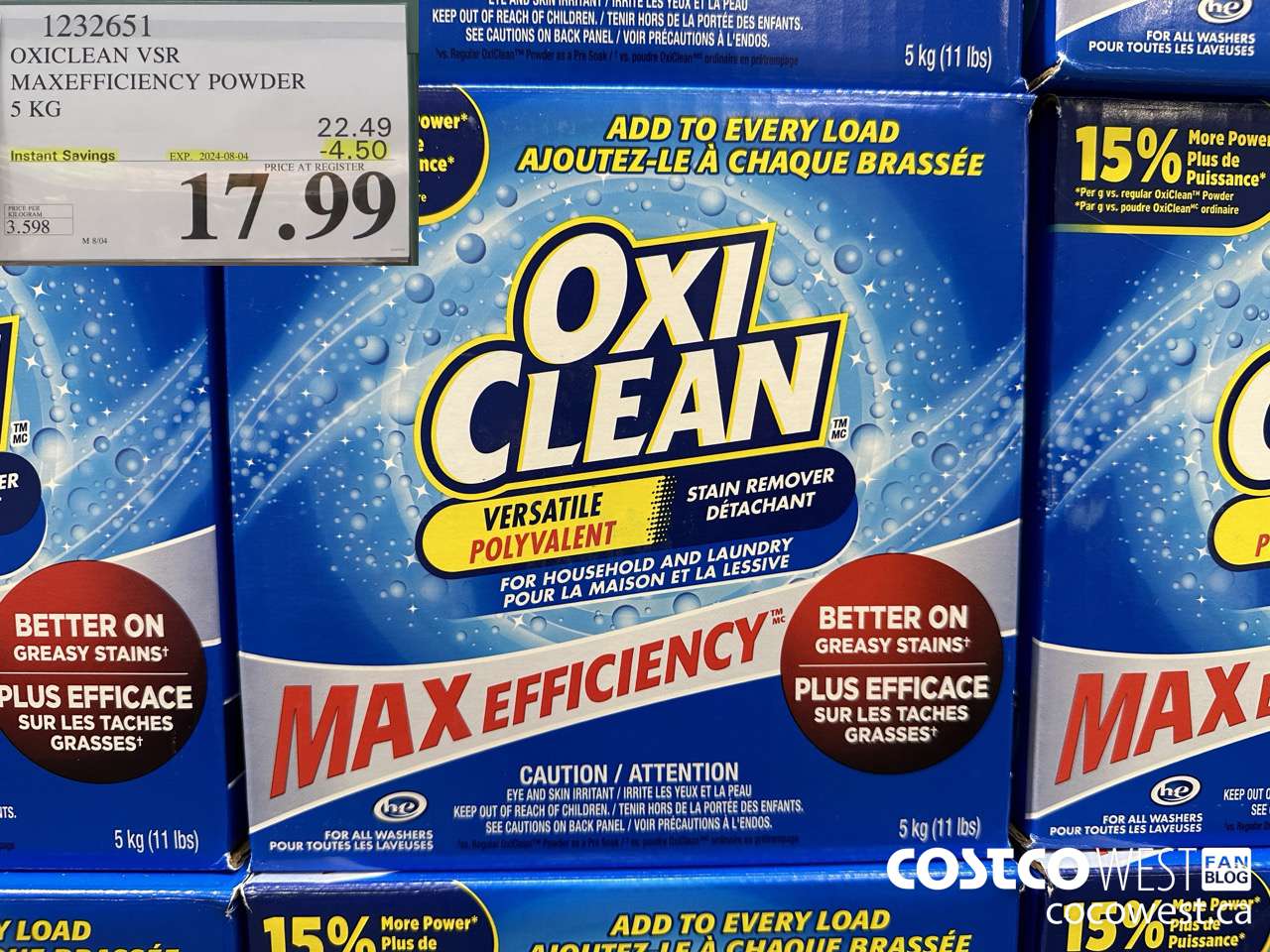 1232651 OXICLEAN VSR MAXEFFICIENCY POWDER 5 KG ($4.50 INSTANT SAVINGS EXPIRES ON 2024-08-04) $17.99