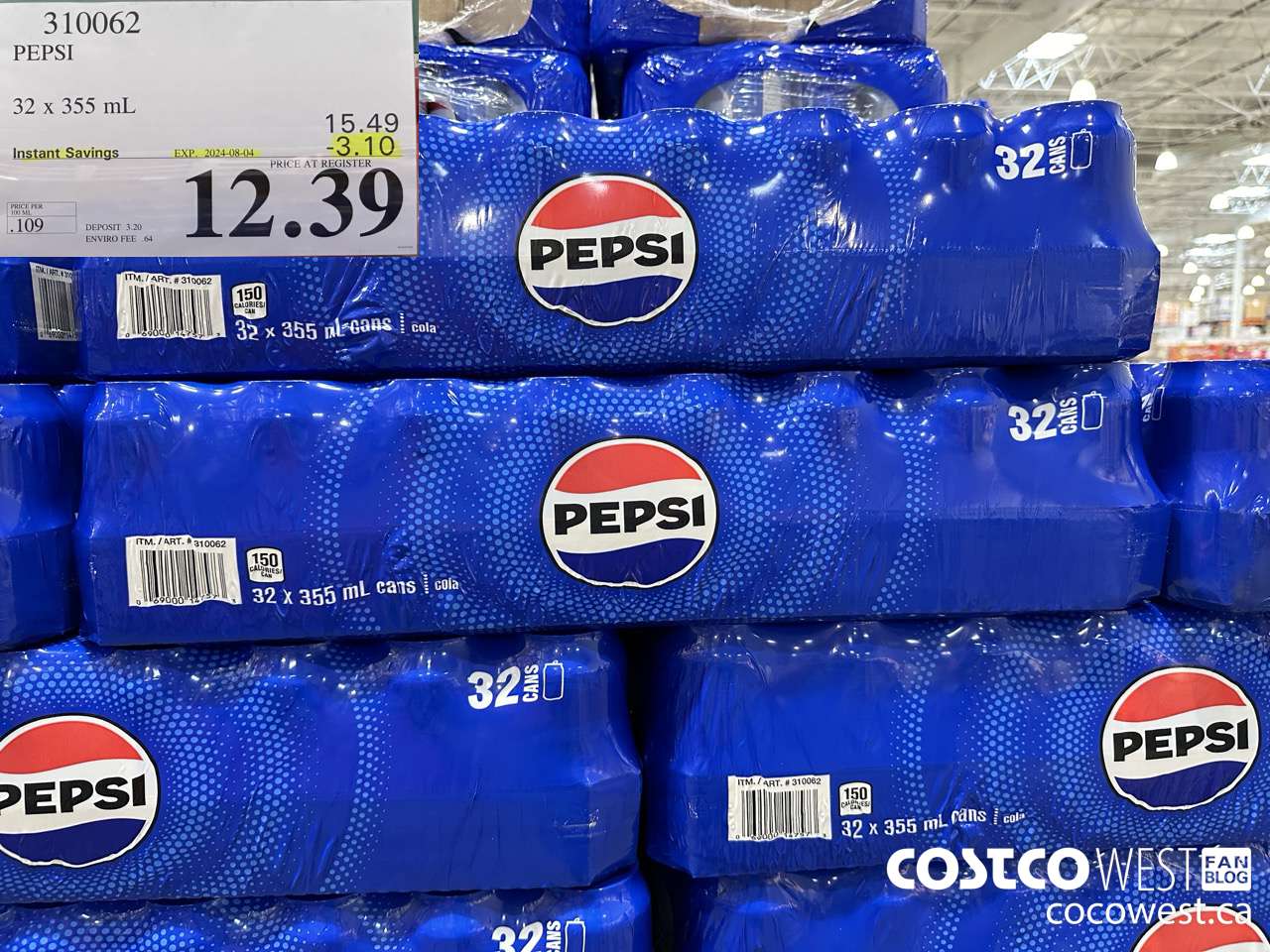 310062 PEPSI 32 X 355 ML ($3.10 INSTANT SAVINGS EXPIRES ON 2024-08-04) $12.39