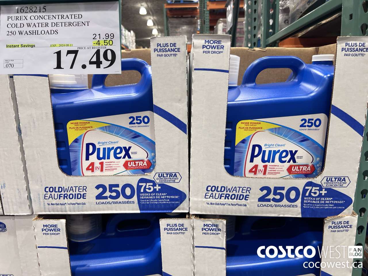 1628215 PUREX CONCENTRATED COLD WATER DETERGENT 250 WASHLOADS ($4.50 INSTANT SAVINGS EXPIRES ON 2024-08-11) $17.49