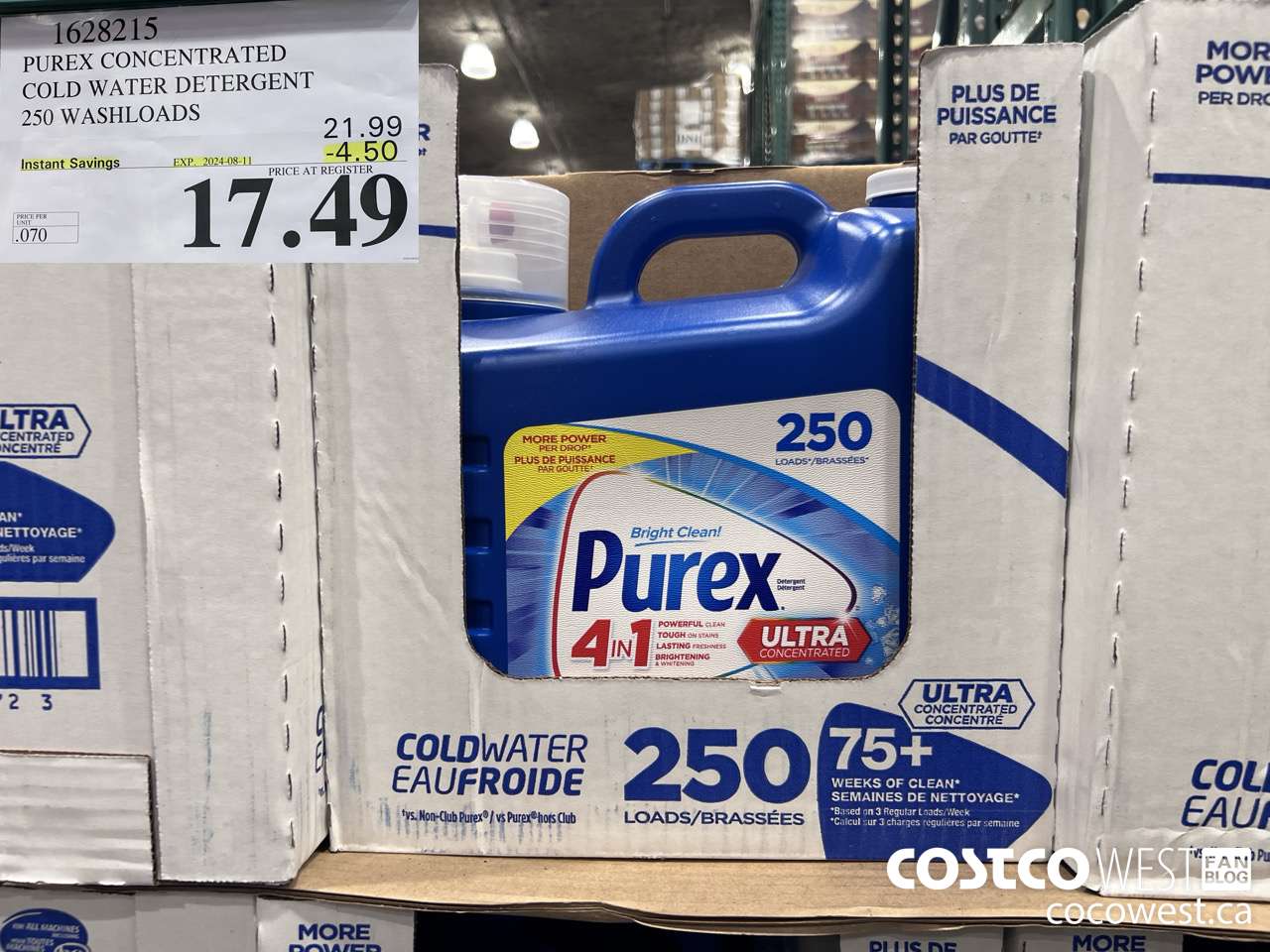 1628215 PUREX CONCENTRATED COLD WATER DETERGENT 250 WASHLOADS ($4.50 INSTANT SAVINGS EXPIRES ON 2024-08-11) $17.49