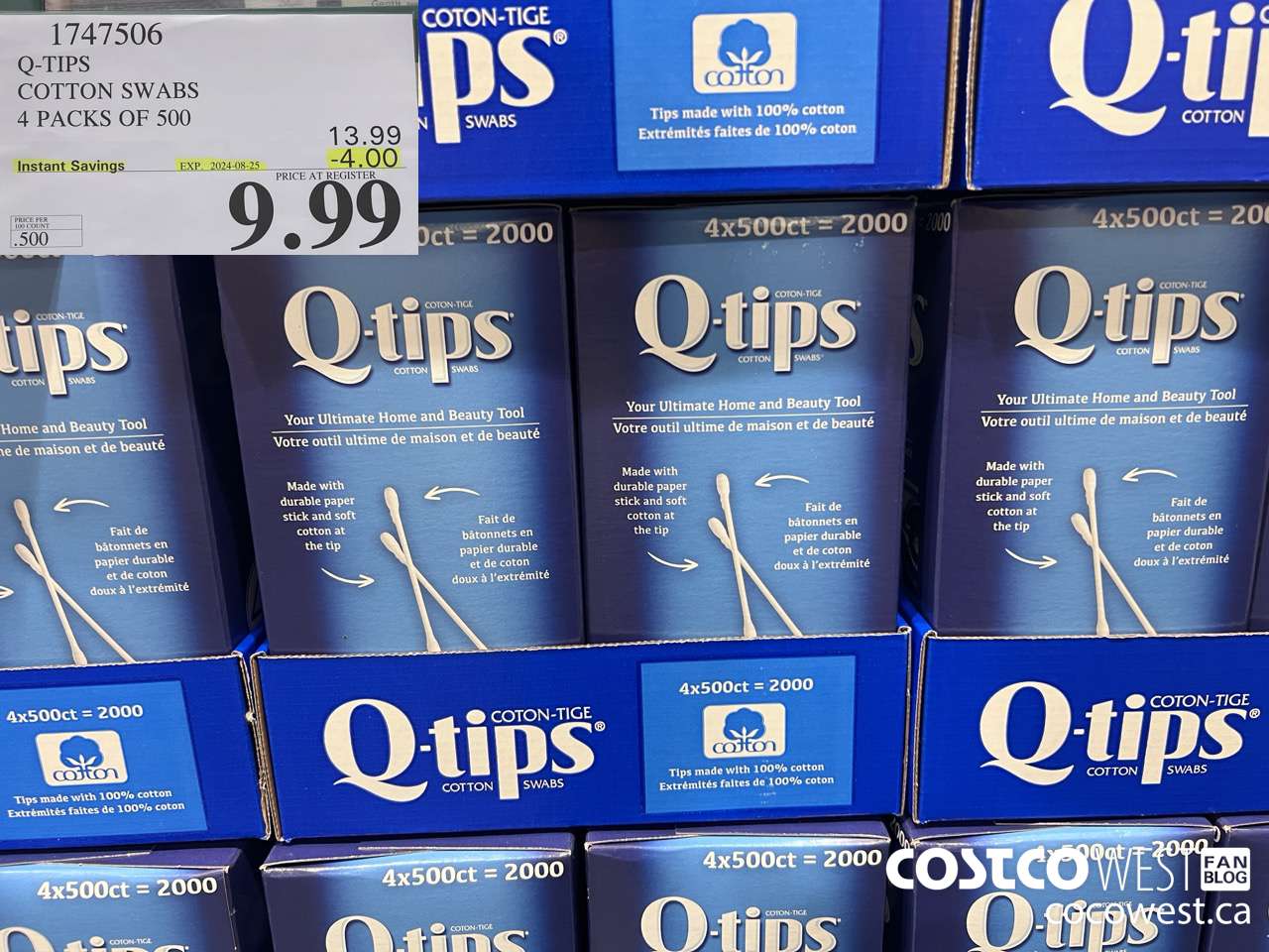 1747506 Q-TIPS COTTON SWABS 4 PACKS OF 500 ($4.00 INSTANT SAVINGS EXPIRES ON 2024-08-25) $9.99