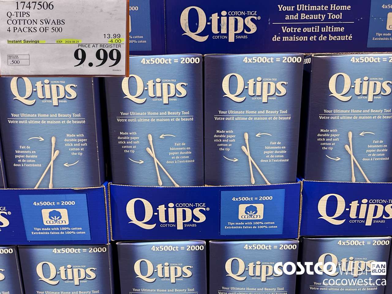1747506 Q-TIPS COTTON SWABS 4 PACKS OF 500 ($4.00 INSTANT SAVINGS EXPIRES ON 2024-08-25) $9.99