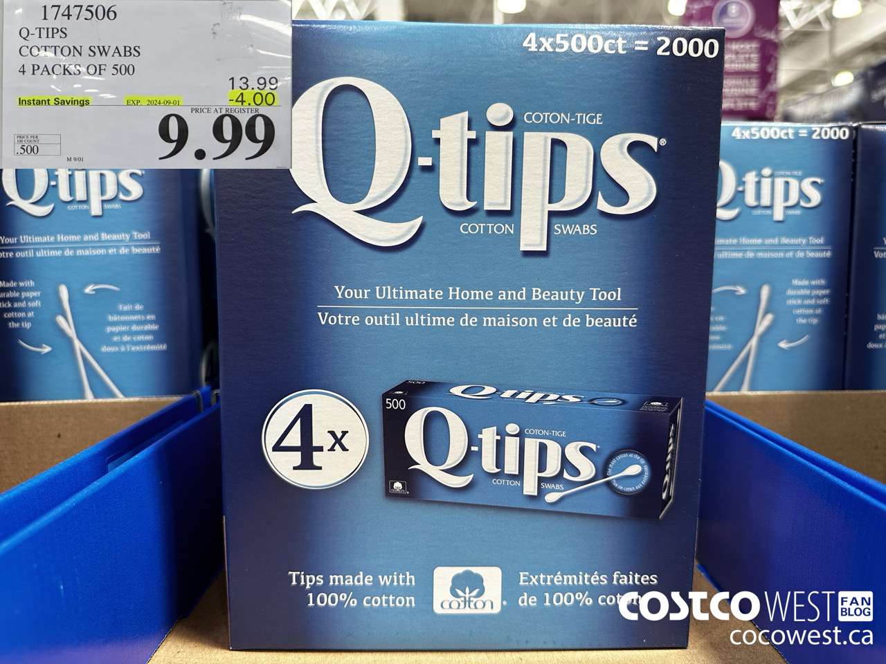 1747506 Q-TIPS COTTON SWABS 4 PACKS OF 500 ($4.00 INSTANT SAVINGS EXPIRES ON 2024-09-01) $9.99