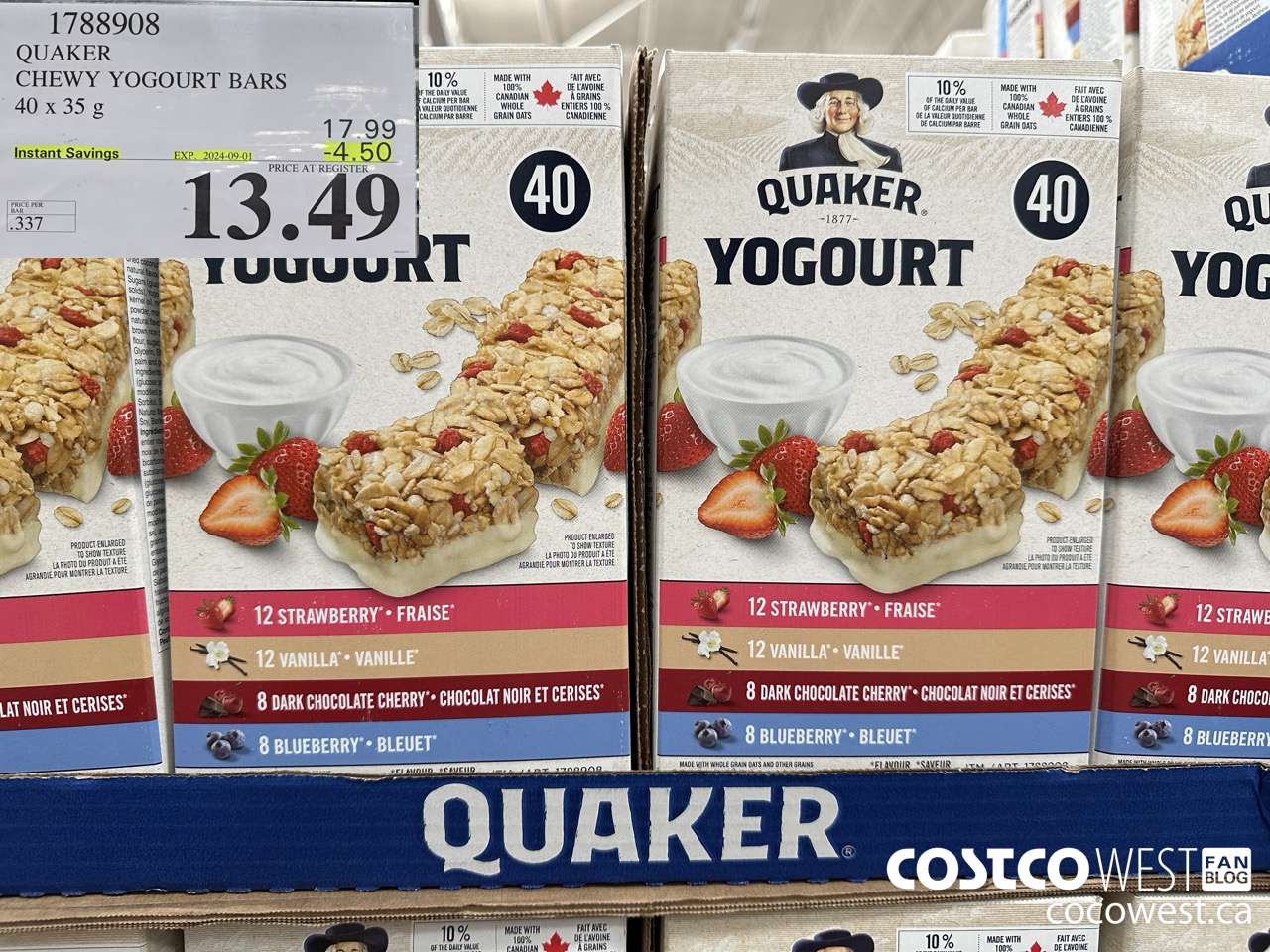 1788908 QUAKER CHEWY YOGOURT BARS 40 X 35 G ($4.50 INSTANT SAVINGS EXPIRES ON 2024-09-01) $13.49
