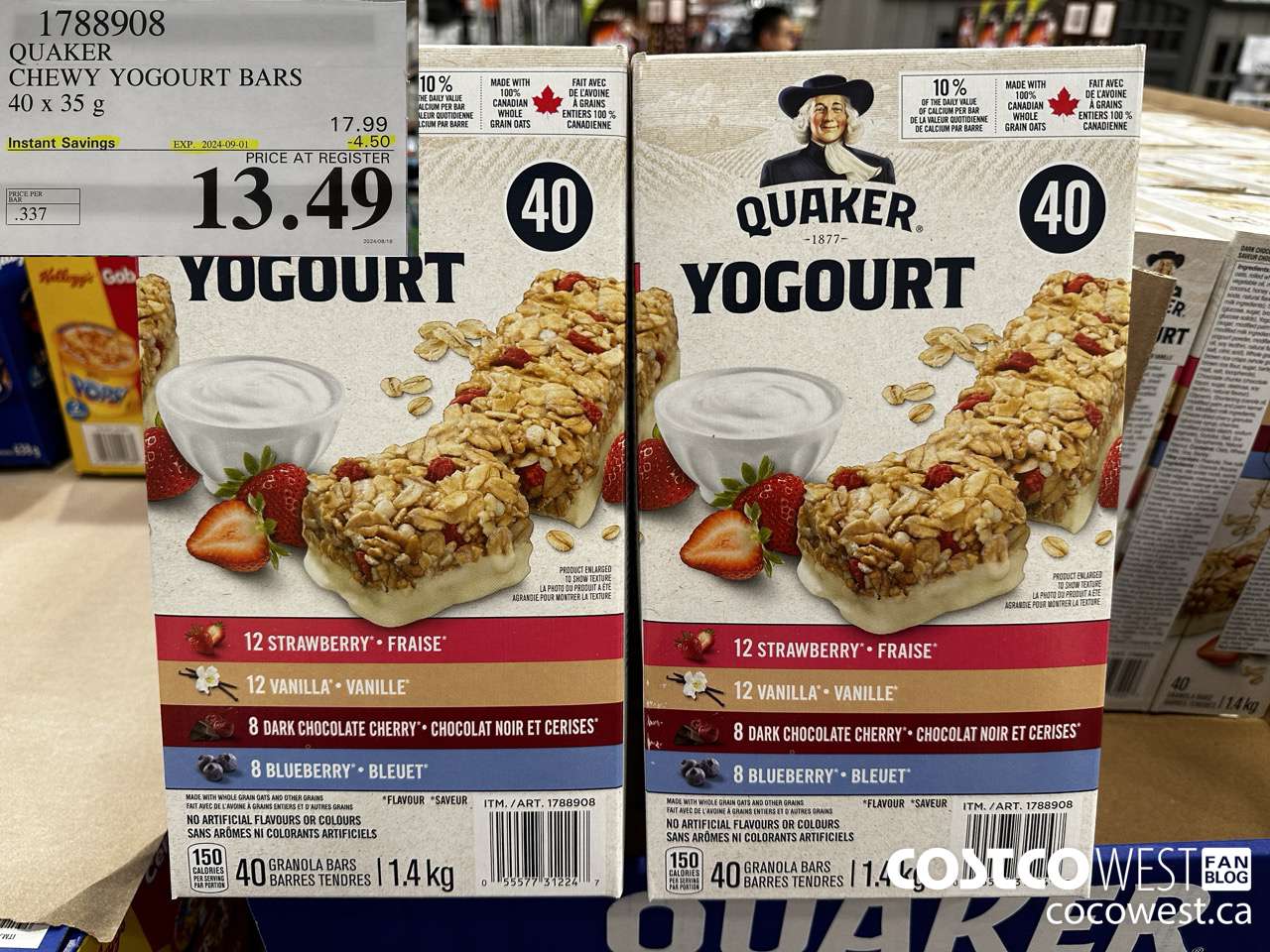 1788908 QUAKER CHEWY YOGOURT BARS 40 X 35 G ($4.50 INSTANT SAVINGS EXPIRES ON 2024-09-01) $13.49