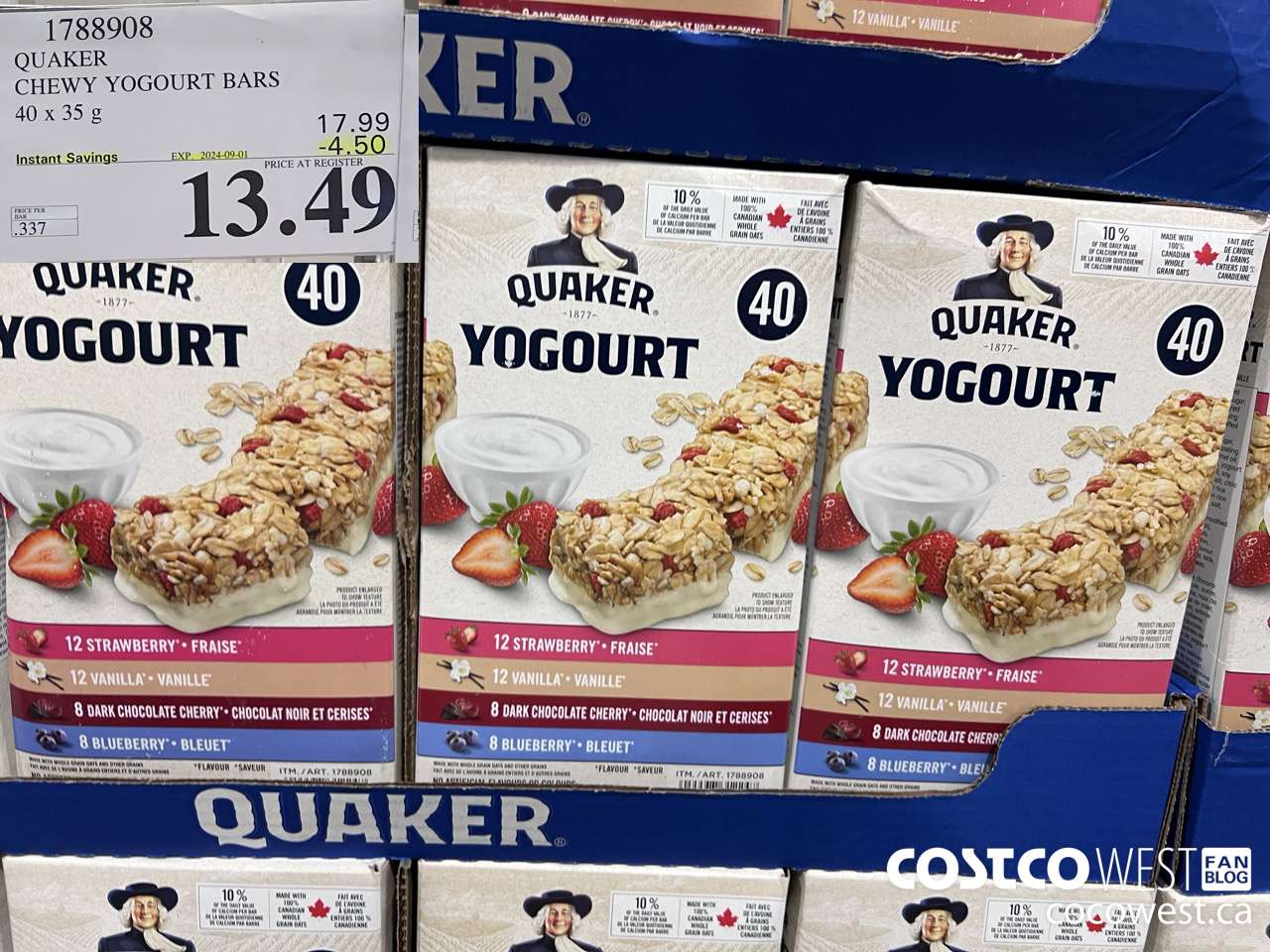 1788908 QUAKER CHEWY YOGOURT BARS 40 X 35 G ($4.50 INSTANT SAVINGS EXPIRES ON 2024-09-01) $13.49