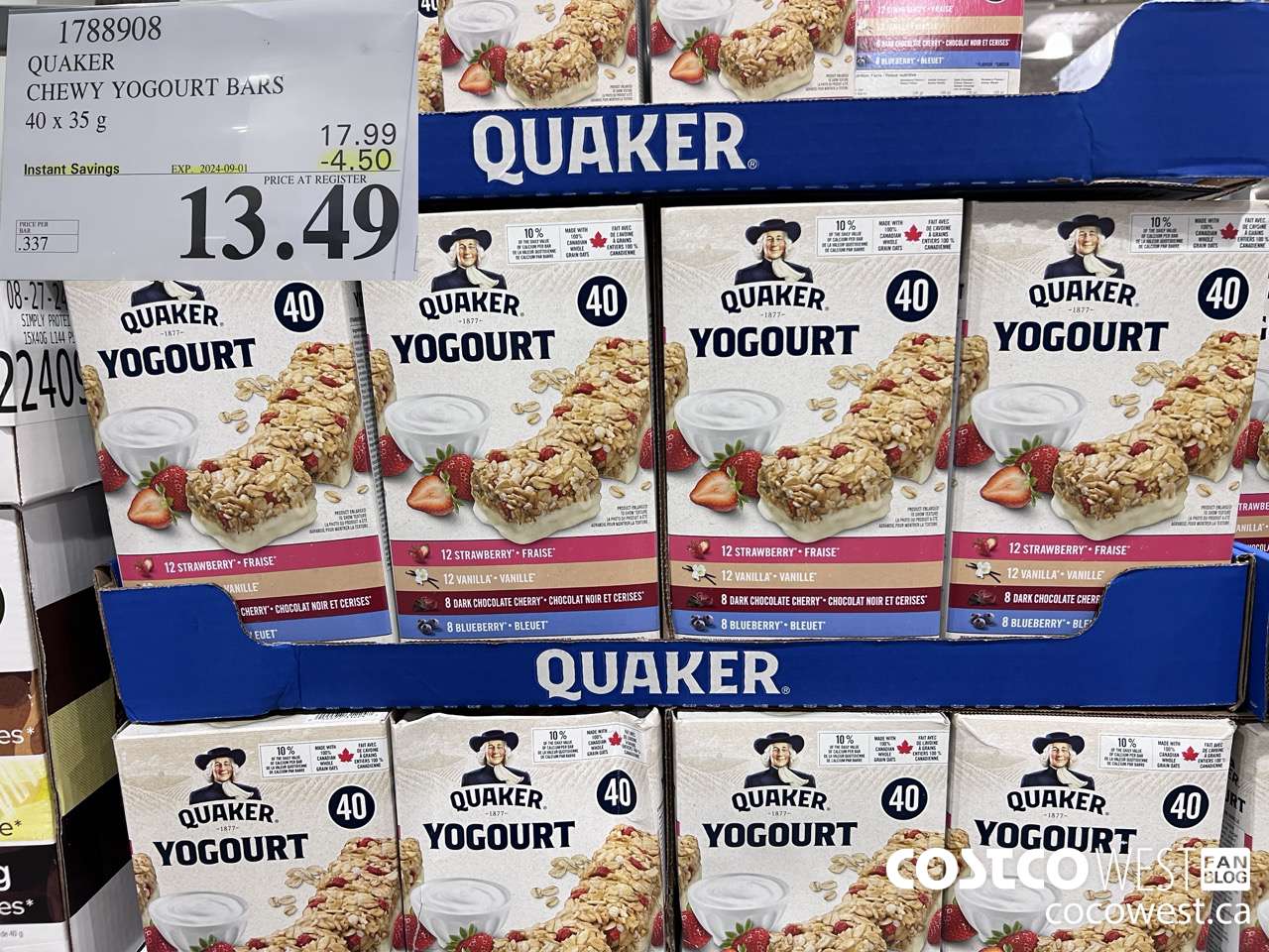 1788908 QUAKER CHEWY YOGOURT BARS 40 X 35 G ($4.50 INSTANT SAVINGS EXPIRES ON 2024-09-01) $13.49