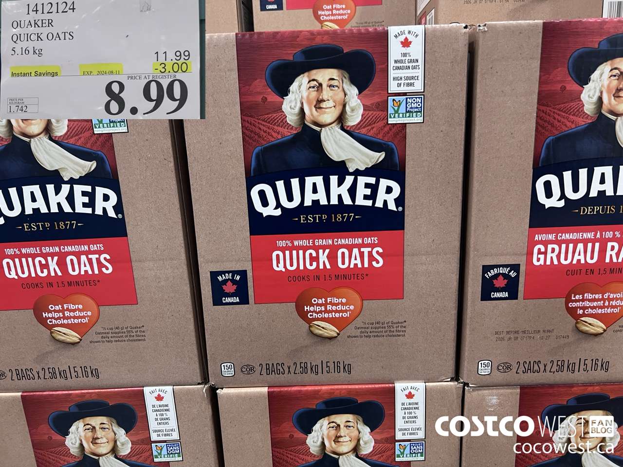 1412124 QUAKER QUICK OATS 5.16 kg ($3.00 INSTANT SAVINGS EXPIRES ON 2024-08-11) $8.99