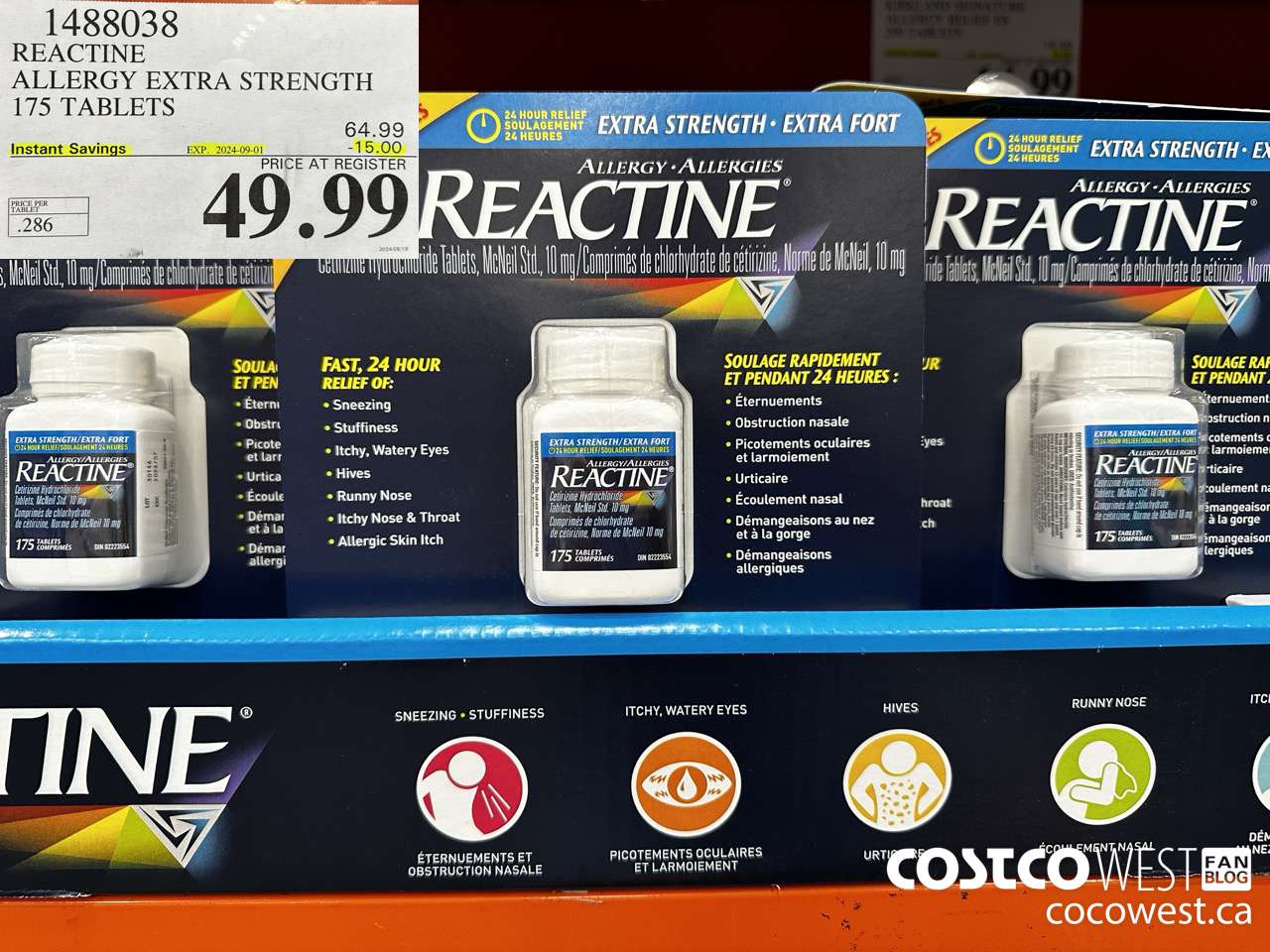 1488038 REACTINE ALLERGY EXTRA STRENGTH 175 TABLETS ($15.00 INSTANT SAVINGS EXPIRES ON 2024-09-01) $49.99