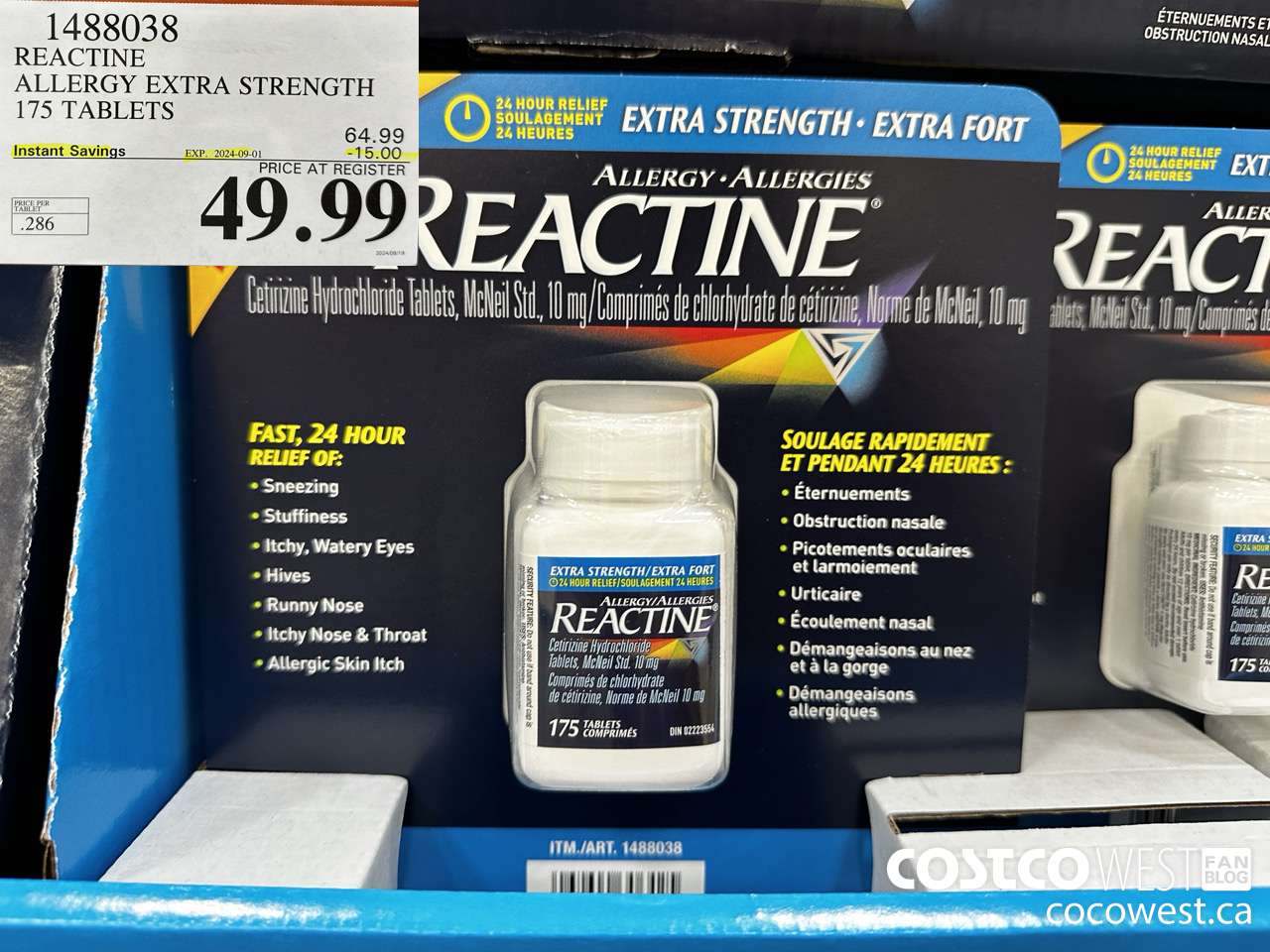 1488038 REACTINE ALLERGY EXTRA STRENGTH 175 TABLETS ($15.00 INSTANT SAVINGS EXPIRES ON 2024-09-01) $49.99