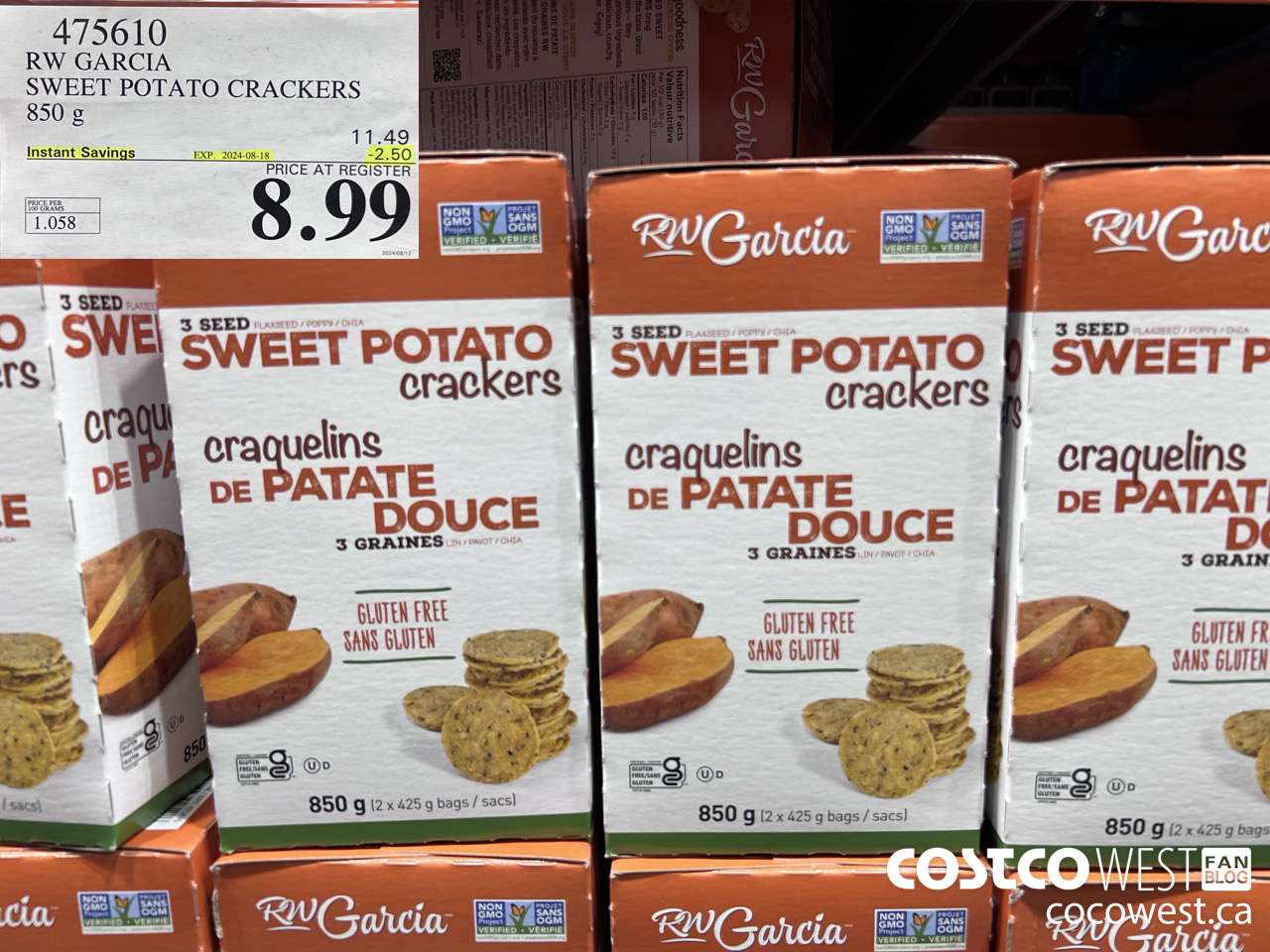 475610 RW GARCIA SWEET POTATO CRACKERS 850 g ($2.50 INSTANT SAVINGS EXPIRES ON 2024-08-18) $8.99
