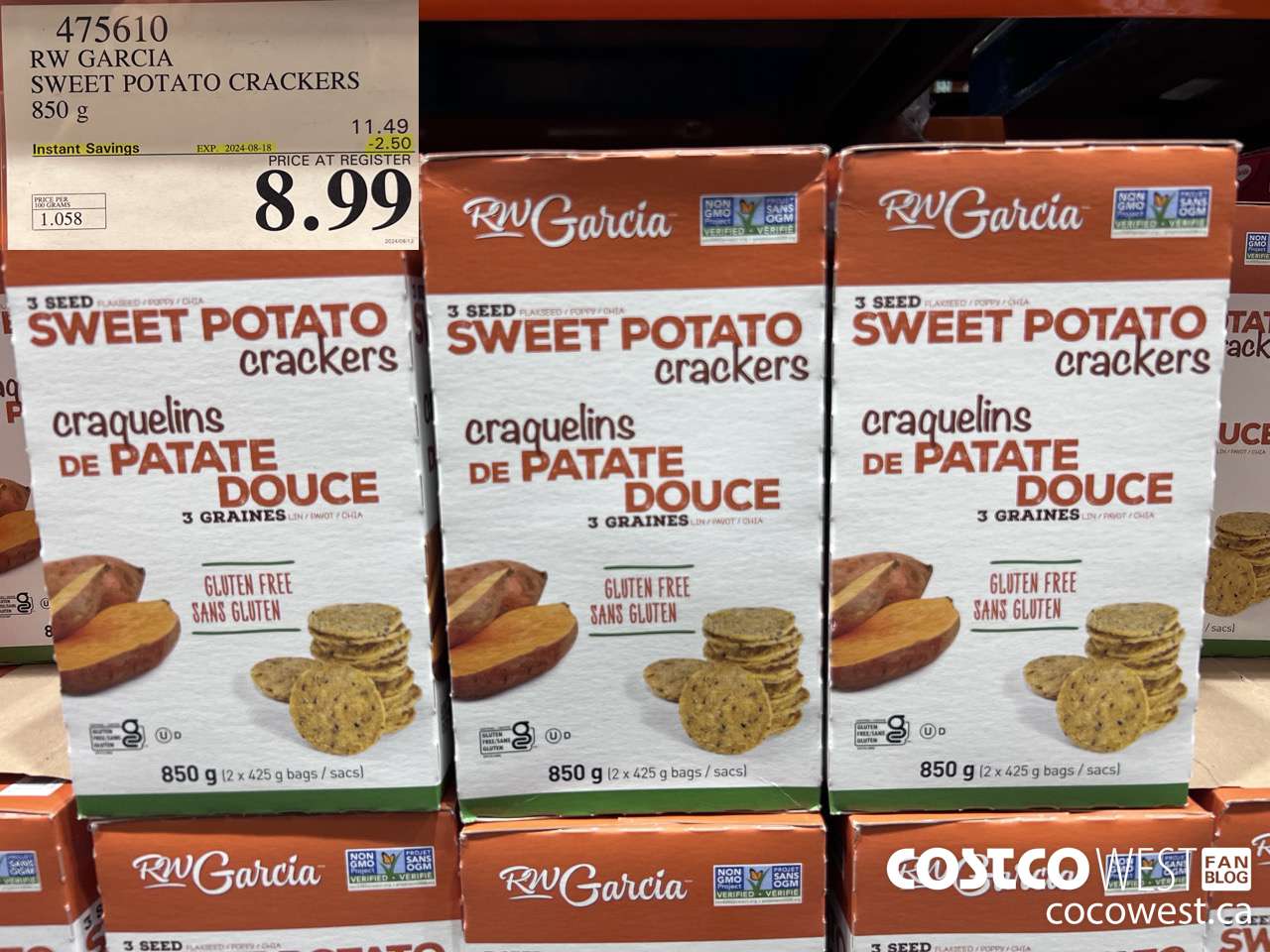 475610 RW GARCIA SWEET POTATO CRACKERS 850 g ($2.50 INSTANT SAVINGS EXPIRES ON 2024-08-18) $8.99