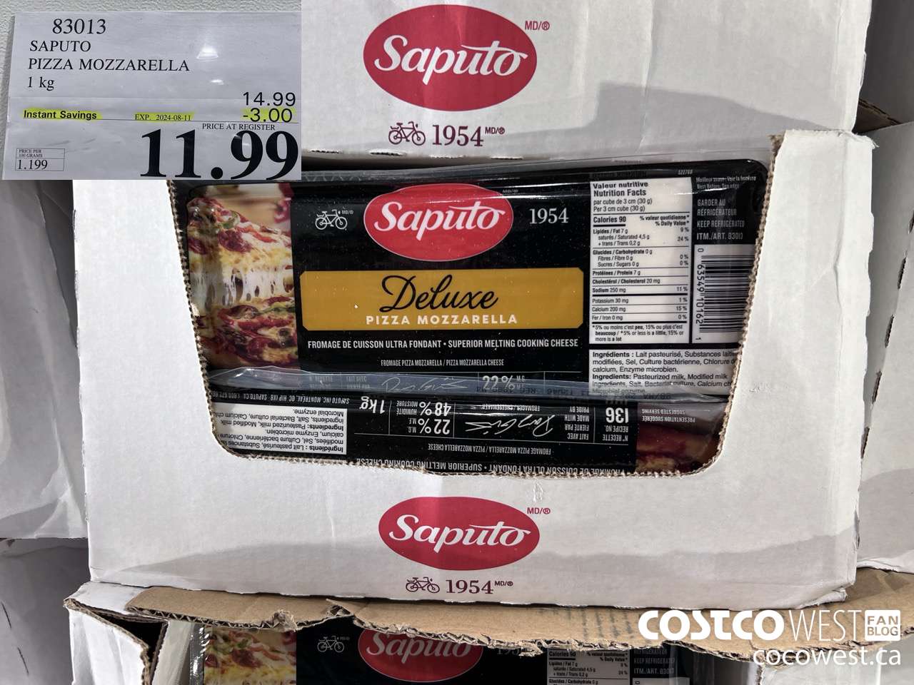 83013 SAPUTO PIZZA MOZZARELLA 1 kg ($3.00 INSTANT SAVINGS EXPIRES ON 2024-08-11) $11.99