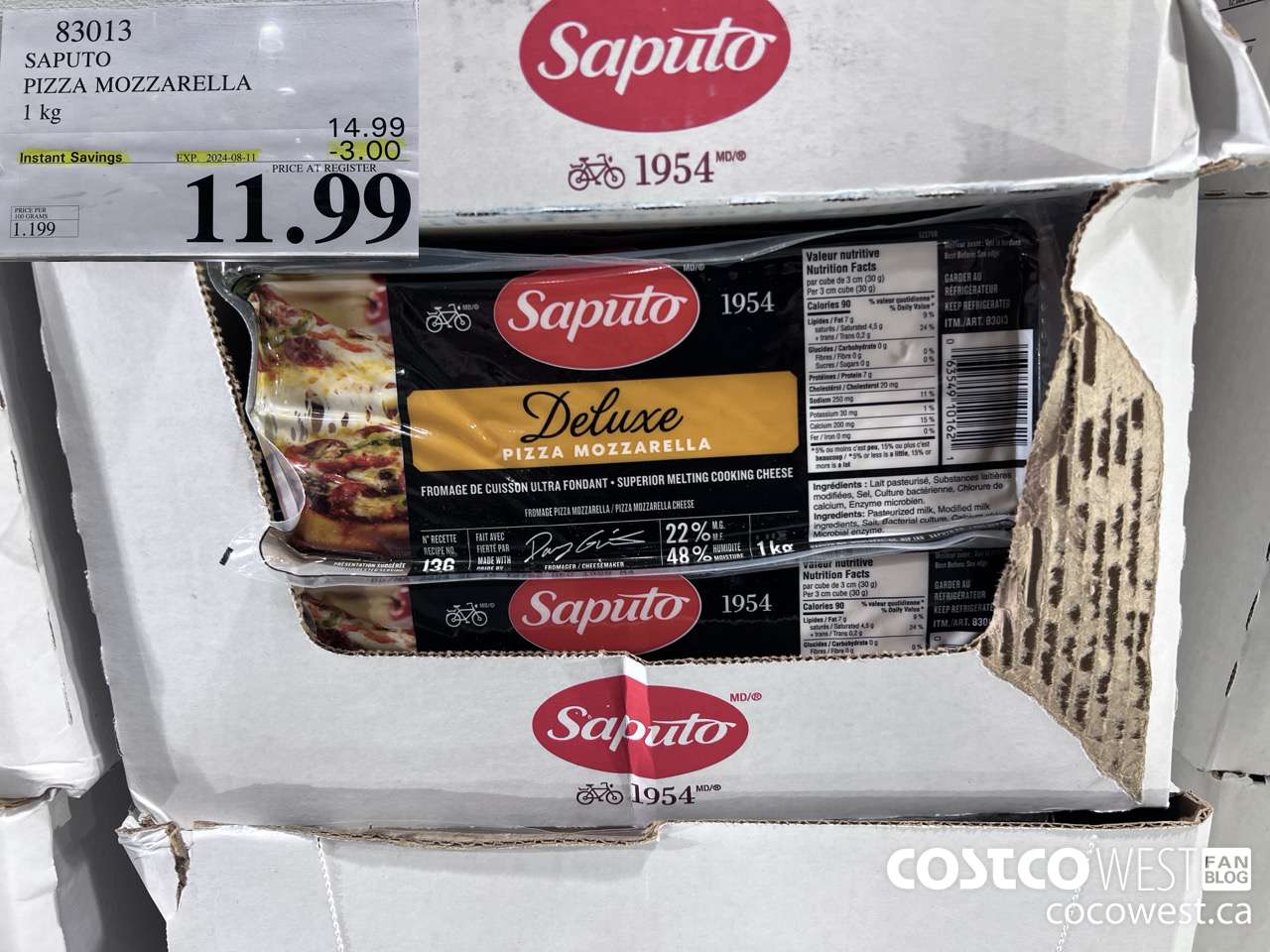 83013 SAPUTO PIZZA MOZZARELLA 1 kg ($3.00 INSTANT SAVINGS EXPIRES ON 2024-08-11) $11.99