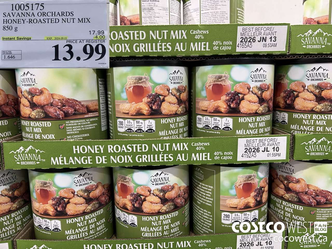 1005175 SAVANNA ORCHARDS HONEY-ROASTED NUT MIX 850 G ($4.00 INSTANT SAVINGS EXPIRES ON 2024-09-01) $13.99