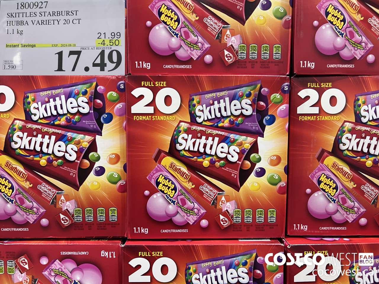 1800927 SKITTLES STARBURST HUBBA VARIETY 20 CT 1.1KG ($4.50 INSTANT SAVINGS EXPIRES ON 2024-08-18) $17.49