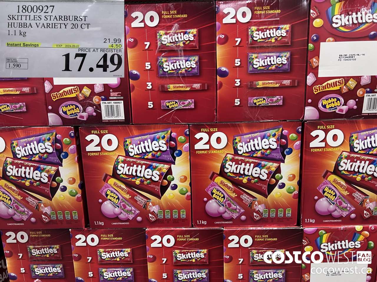 1800927 SKITTLES STARBURST HUBBA VARIETY 20 CT 1.1KG ($4.50 INSTANT SAVINGS EXPIRES ON 2024-09-01) $17.49