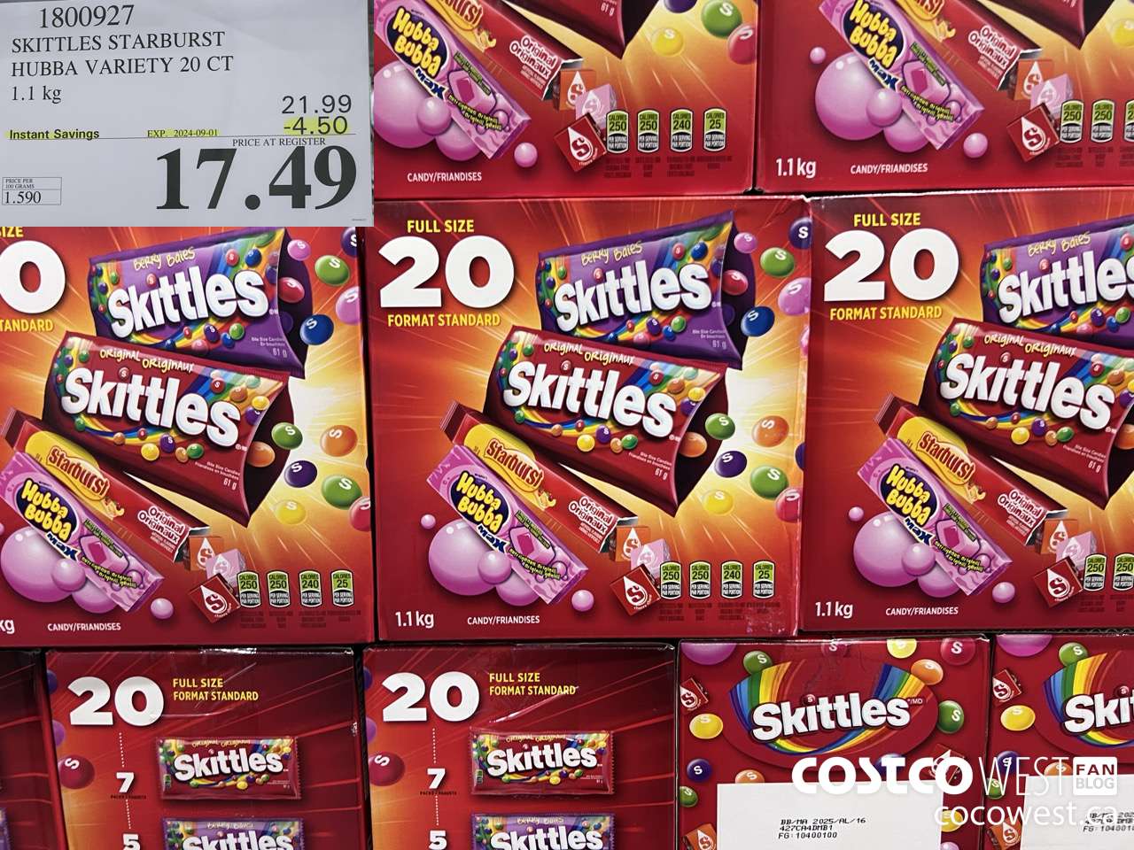 1800927 SKITTLES STARBURST HUBBA VARIETY 20 CT 1.1KG ($4.50 INSTANT SAVINGS EXPIRES ON 2024-09-01) $17.49
