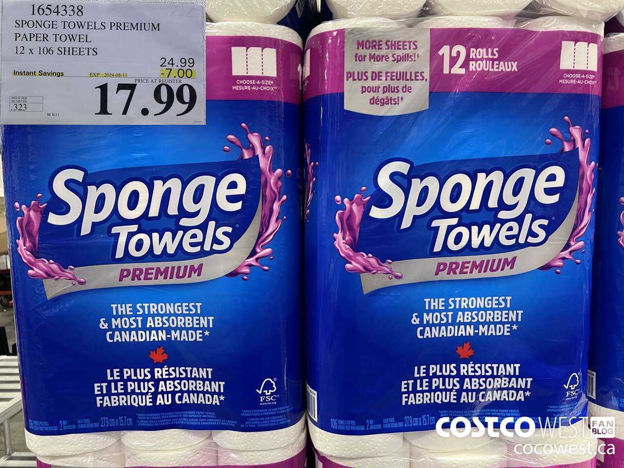 1654338 SPONGE TOWELS PREMIUM PAPER TOWEL 12 X 106 SHEETS ($7.00 INSTANT SAVINGS EXPIRES ON 2024-08-11) $17.99