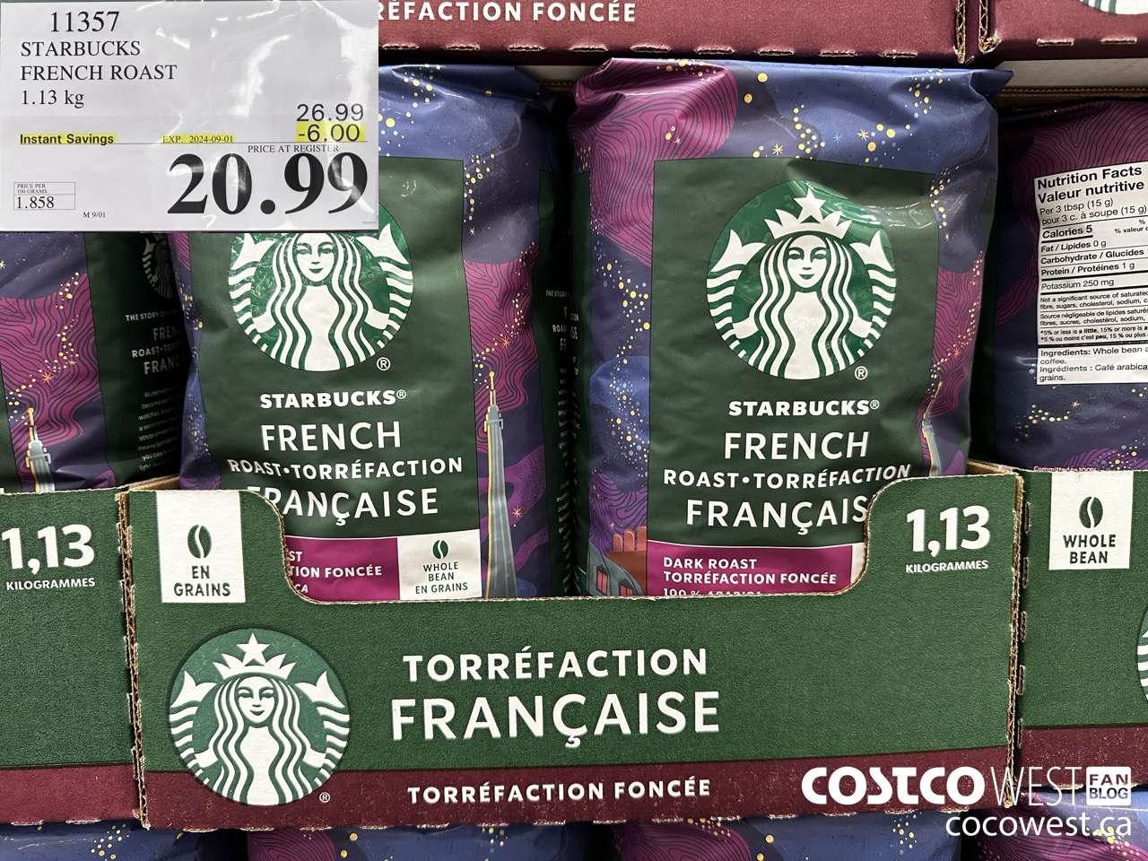 11357 STARBUCKS FRENCH ROAST 1.13KG ($6.00 INSTANT SAVINGS EXPIRES ON 2024-09-01) $20.99