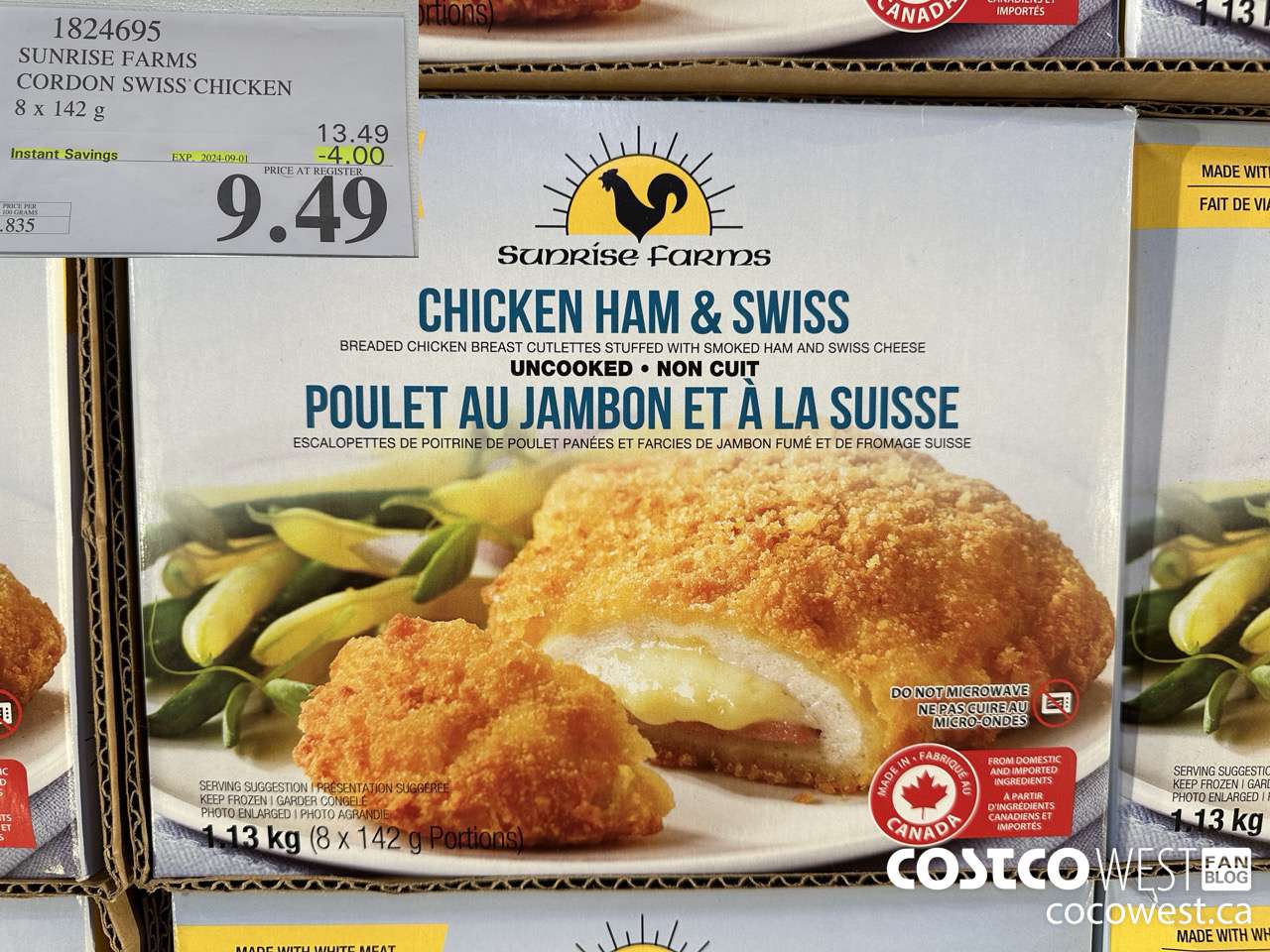 1824695 SUNRISE FARMS CORDON SWISS CHICKEN 8 x 142 g ($4.00 INSTANT SAVINGS EXPIRES ON 2024-09-01) $9.49