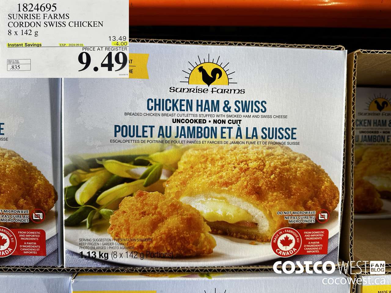 1824695 SUNRISE FARMS CORDON SWISS CHICKEN 8 x 142 g ($4.00 INSTANT SAVINGS EXPIRES ON 2024-09-01) $9.49