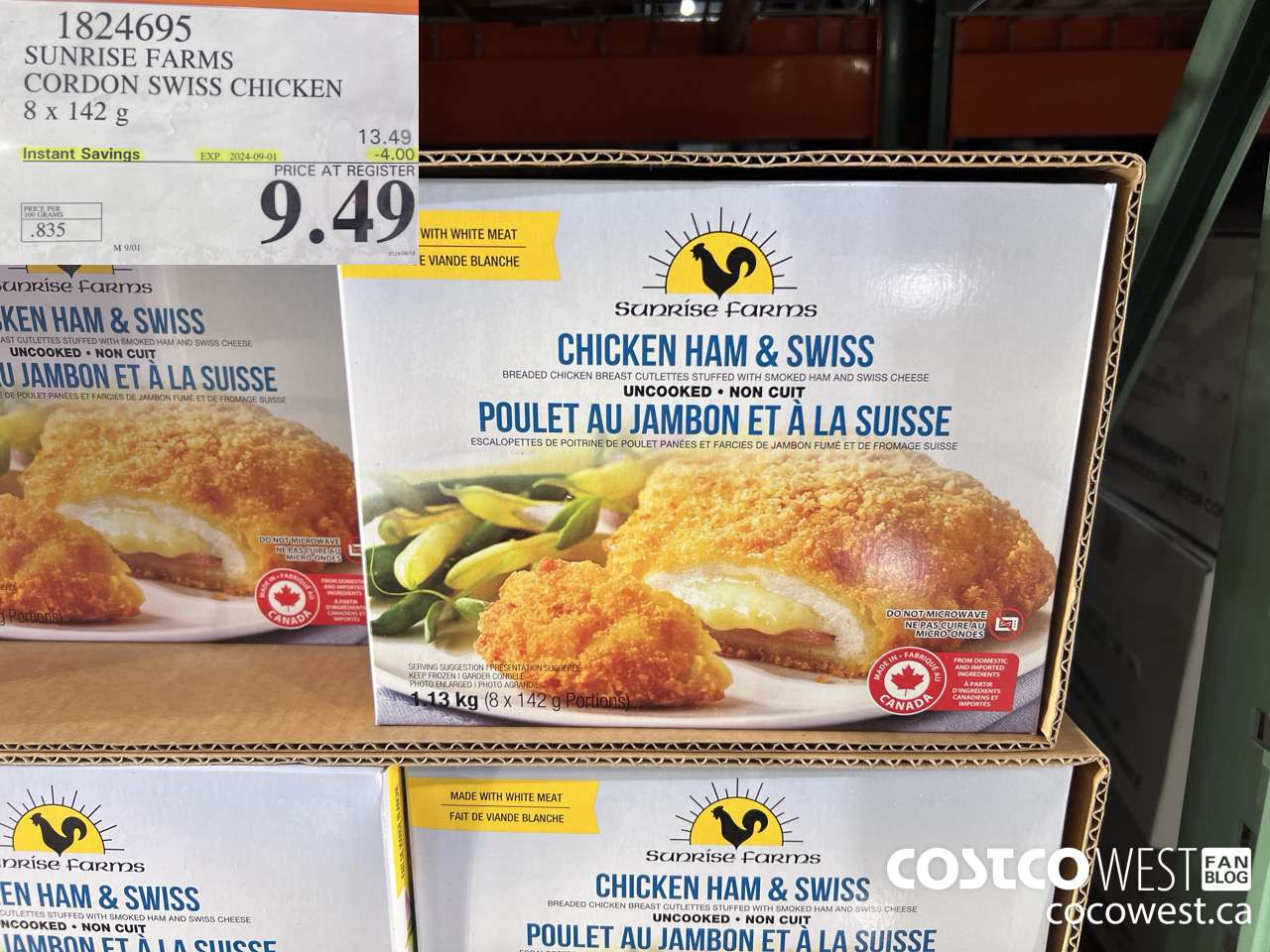 1824695 SUNRISE FARMS CORDON SWISS CHICKEN 8 x 142 g ($4.00 INSTANT SAVINGS EXPIRES ON 2024-09-01) $9.49