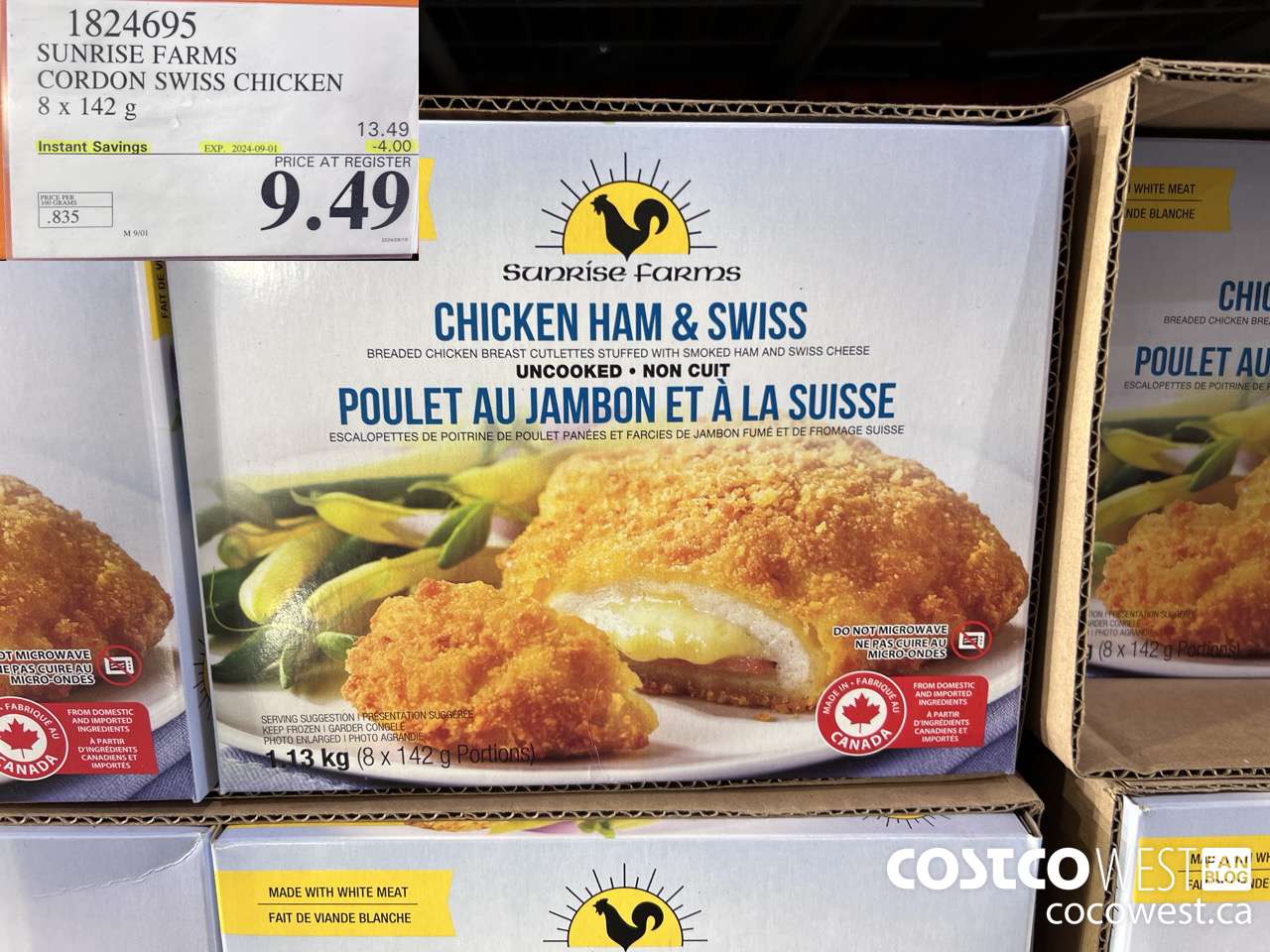 1824695 SUNRISE FARMS CORDON SWISS CHICKEN 8 x 142 g ($4.00 INSTANT SAVINGS EXPIRES ON 2024-09-01) $9.49