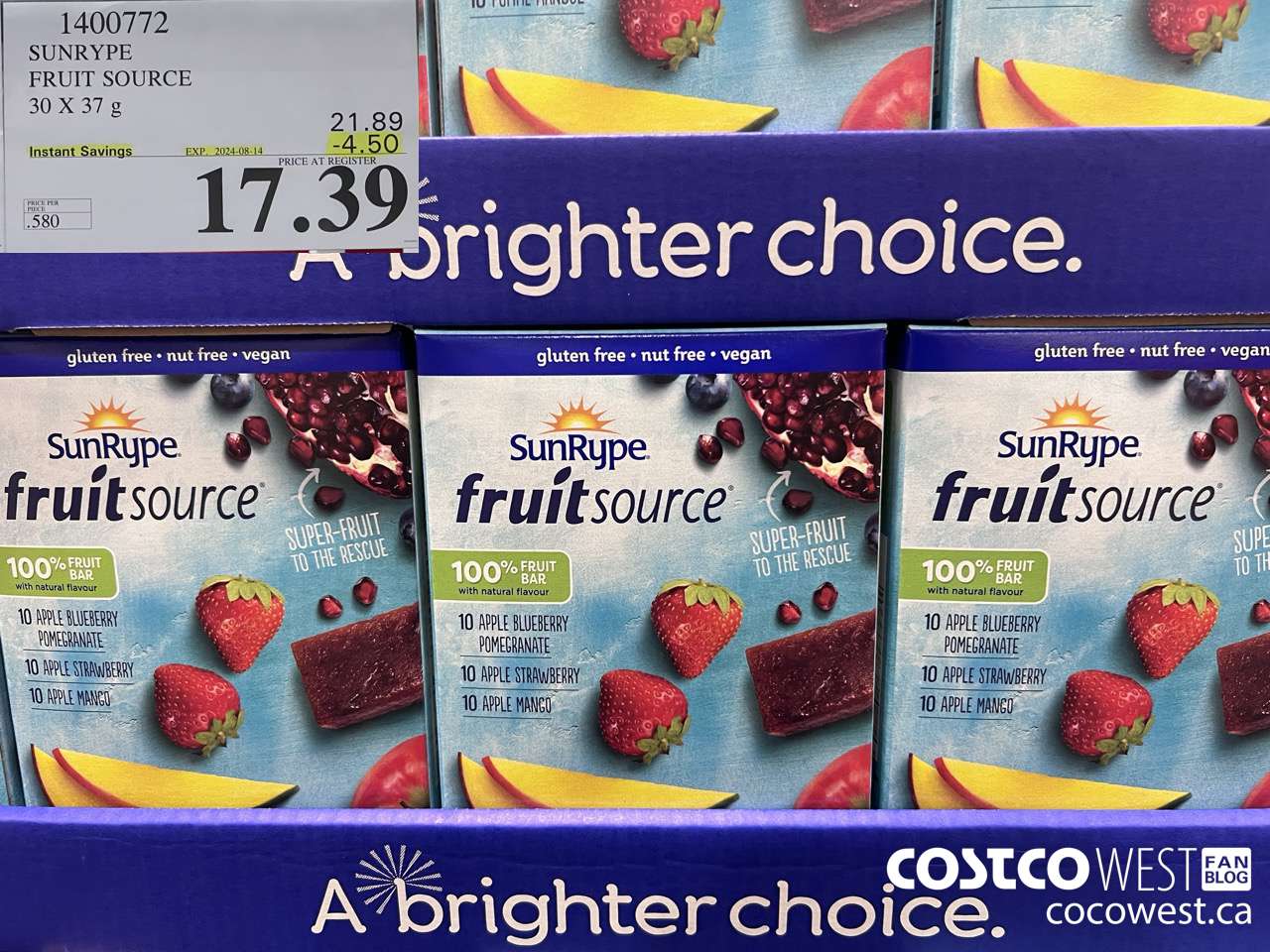 1400772 SUNRYPE FRUIT SOURCE 30 X 37 G ($4.50 INSTANT SAVINGS EXPIRES ON 2024-08-14) $17.39