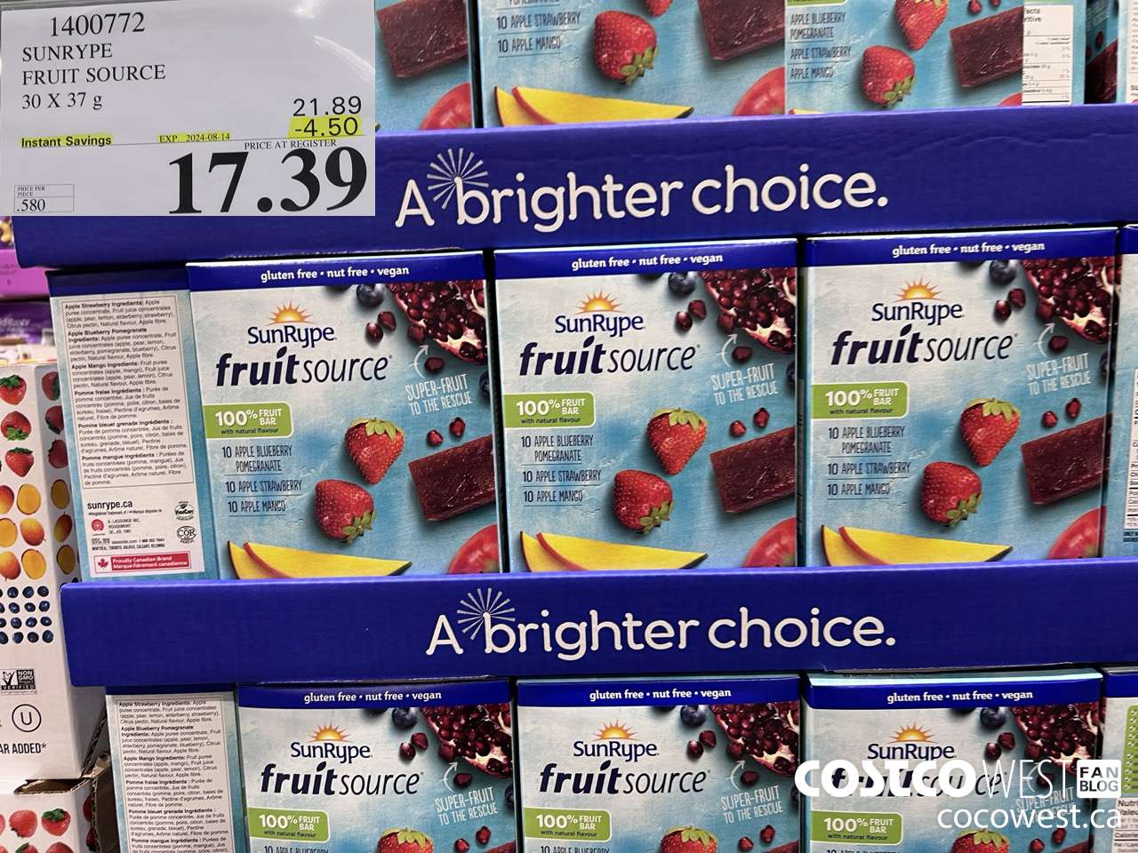 1400772 SUNRYPE FRUIT SOURCE 30 X 37 G ($4.50 INSTANT SAVINGS EXPIRES ON 2024-08-14) $17.39