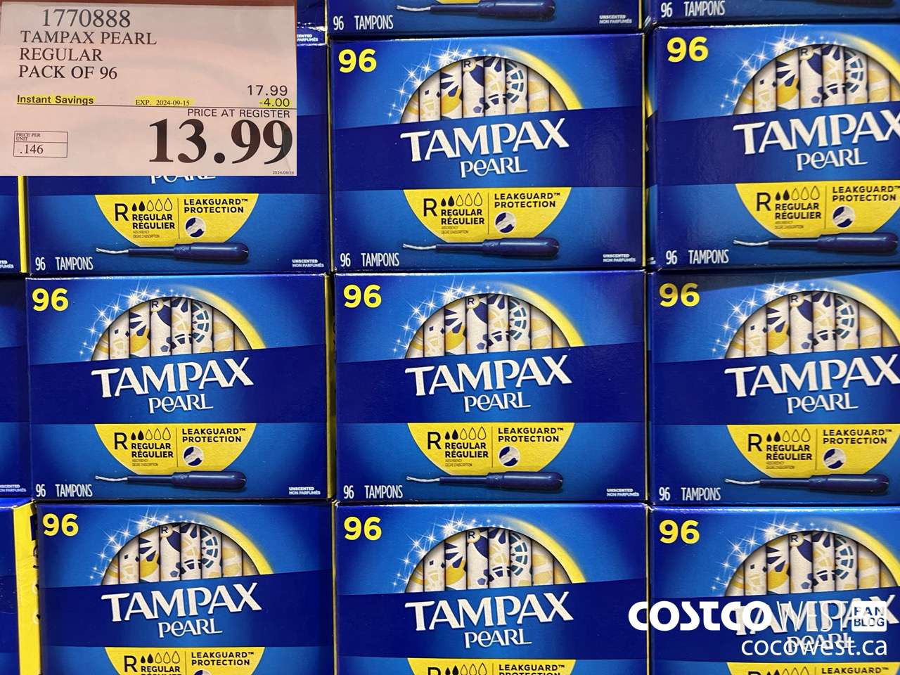 1770888 TAMPAX PEARL REGULAR PACK OF 96 ($4.00 INSTANT SAVINGS EXPIRES ON 2024-09-15) $13.99