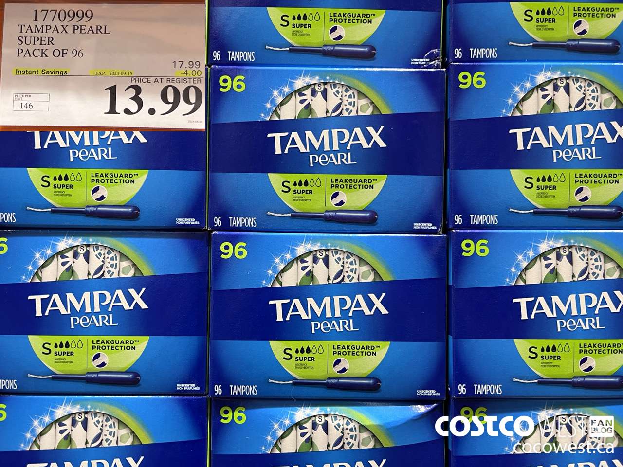 1770999 TAMPAX PEARL SUPER PACK OF 96 ($4.00 INSTANT SAVINGS EXPIRES ON 2024-09-15) $13.99