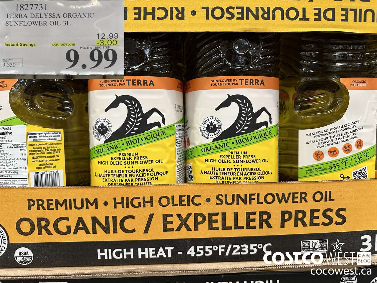1827731 TERRA DELYSSA ORGANIC SUNFLOWER OIL 3L ($3.00 INSTANT SAVINGS EXPIRES ON 2024-09-01) $9.99