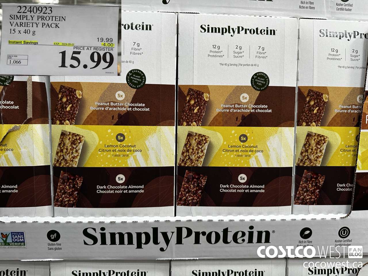 2240923 THE SIMPLY BAR PROTEIN BARS 15 x 40 g ($4.00 INSTANT SAVINGS EXPIRES ON 2024-09-01) $15.99