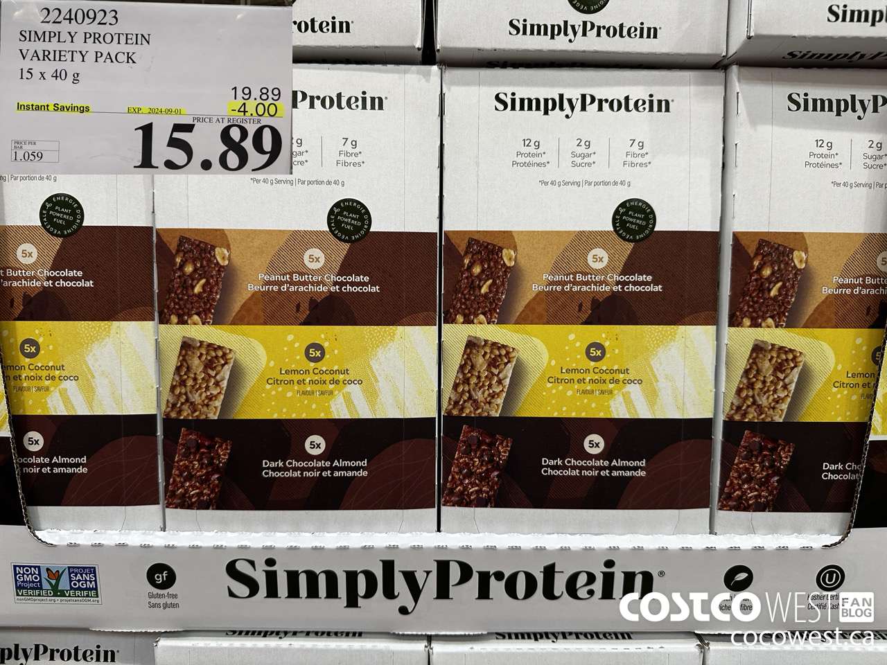 2240923 THE SIMPLY BAR PROTEIN BARS 15 x 40 g ($4.00 INSTANT SAVINGS EXPIRES ON 2024-09-01) $15.89