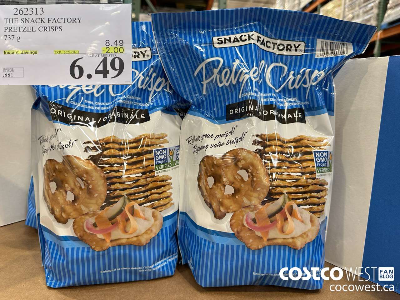 262313 THE SNACK FACTORY PRETZEL CRISPS 737 g ($2.00 INSTANT SAVINGS EXPIRES ON 2024-08-11) $6.49