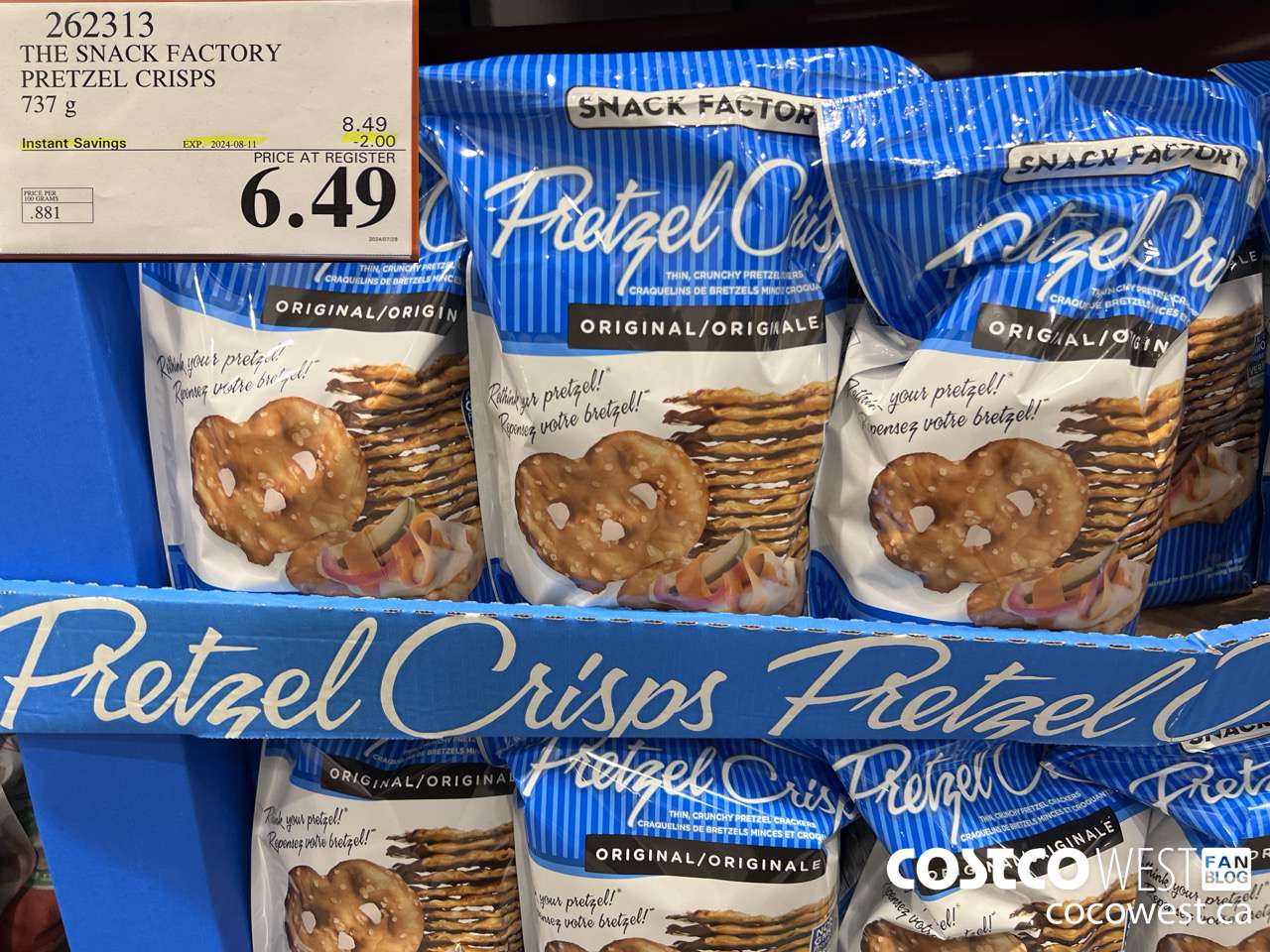 262313 THE SNACK FACTORY PRETZEL CRISPS 737 g ($2.00 INSTANT SAVINGS EXPIRES ON 2024-08-11) $6.49