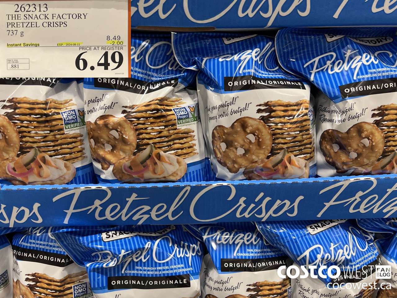 262313 THE SNACK FACTORY PRETZEL CRISPS 737 g ($2.00 INSTANT SAVINGS EXPIRES ON 2024-08-11) $6.49