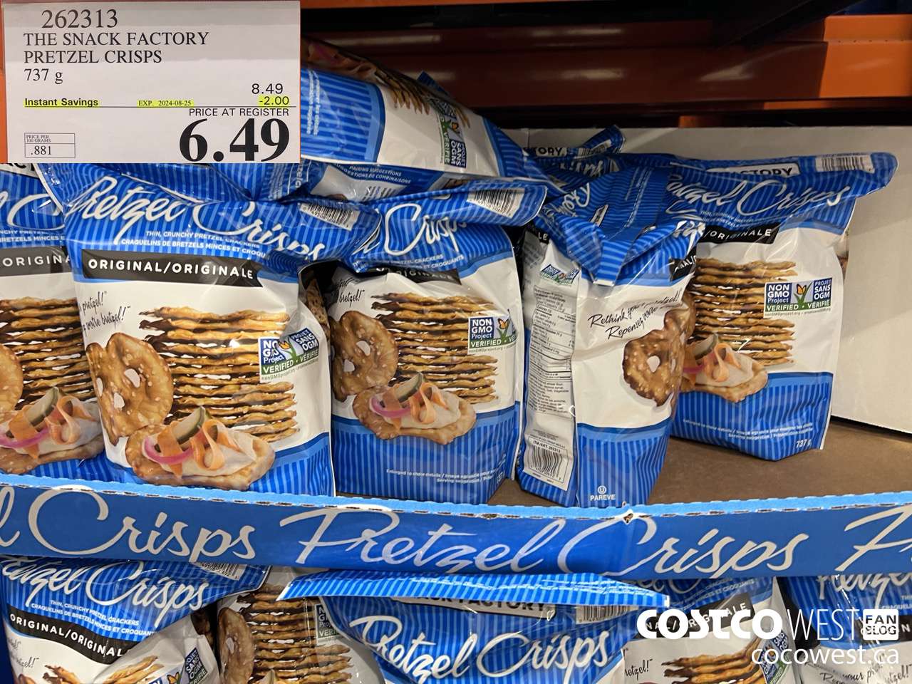 262313 THE SNACK FACTORY PRETZEL CRISPS 737 g ($2.00 INSTANT SAVINGS EXPIRES ON 2024-08-25) $6.49