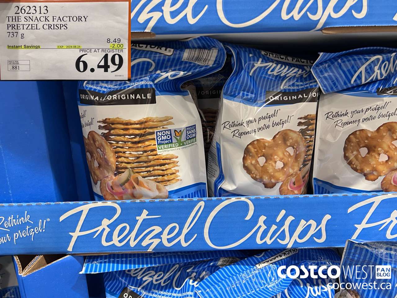 262313 THE SNACK FACTORY PRETZEL CRISPS 737 g ($2.00 INSTANT SAVINGS EXPIRES ON 2024-08-25) $6.49