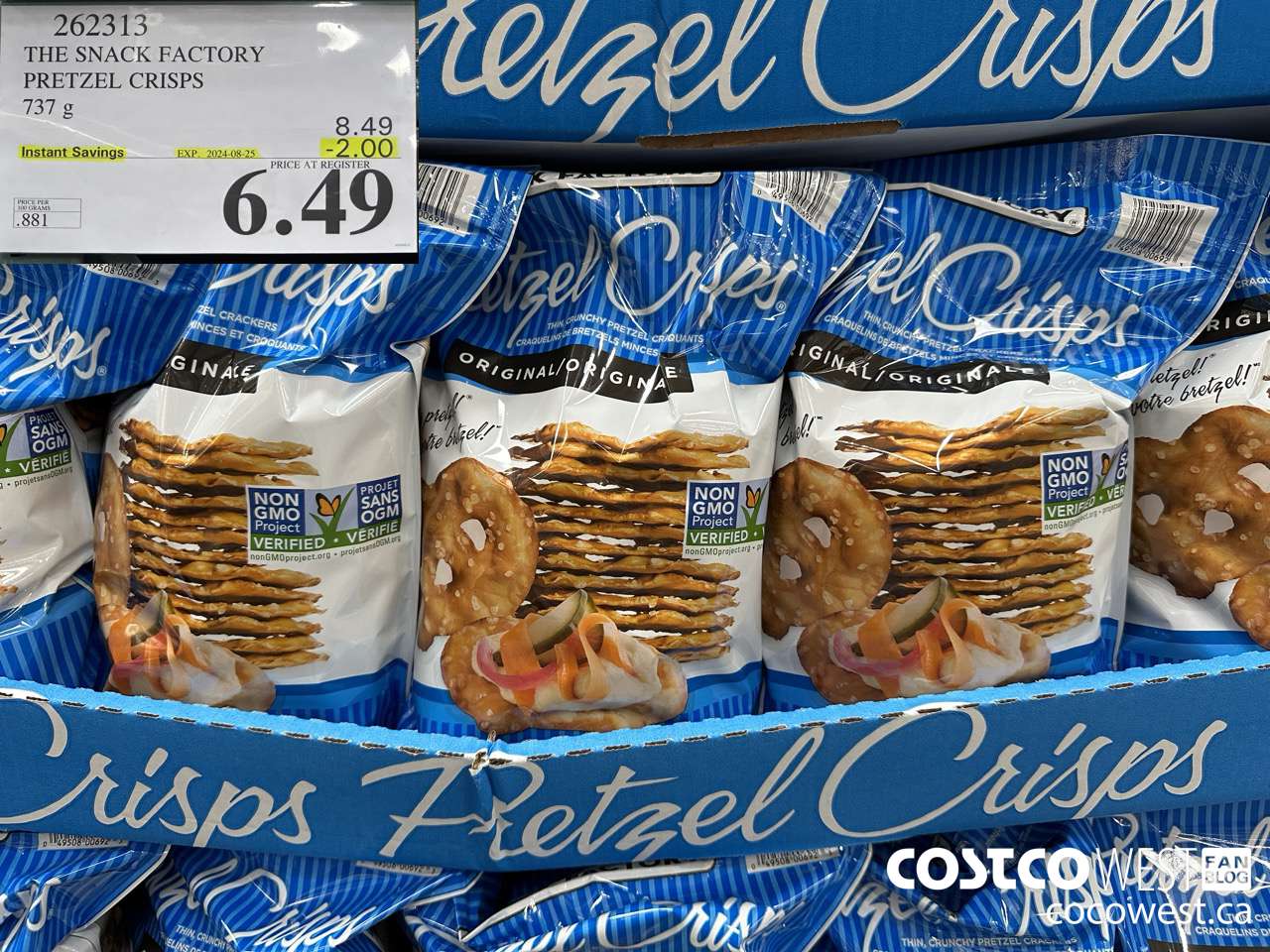 262313 THE SNACK FACTORY PRETZEL CRISPS 737 g ($2.00 INSTANT SAVINGS EXPIRES ON 2024-08-25) $6.49