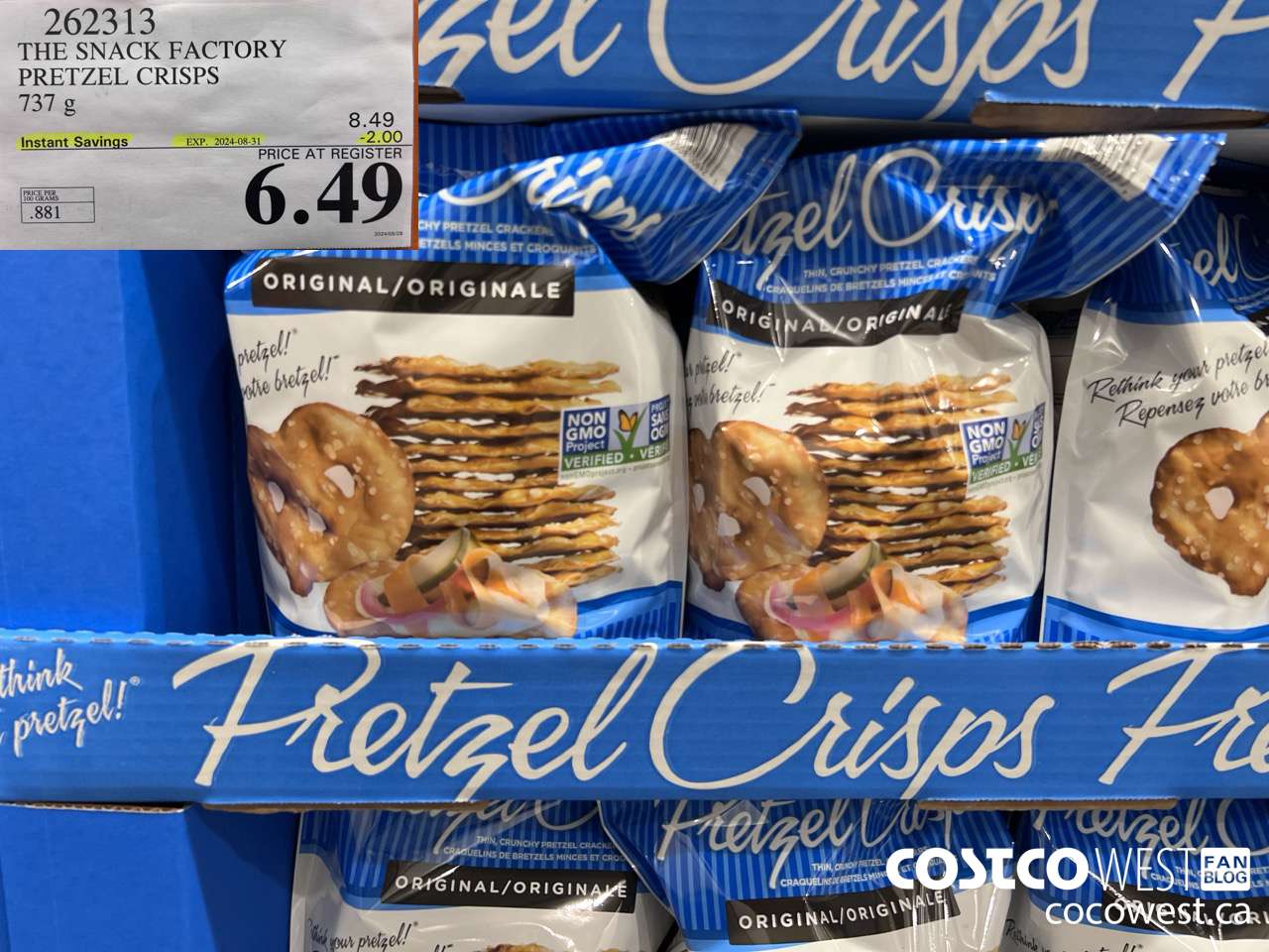 262313 THE SNACK FACTORY PRETZEL CRISPS 737 g ($2.00 INSTANT SAVINGS EXPIRES ON 2024-08-31) $6.49