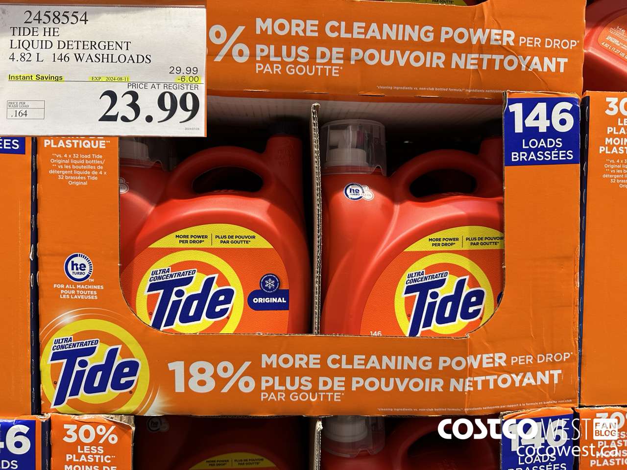 2458554 TIDE HE LIQUID DETERGENT 4.82 L 146 WASHLOADS ($6.00 INSTANT SAVINGS EXPIRES ON 2024-08-11) $23.99