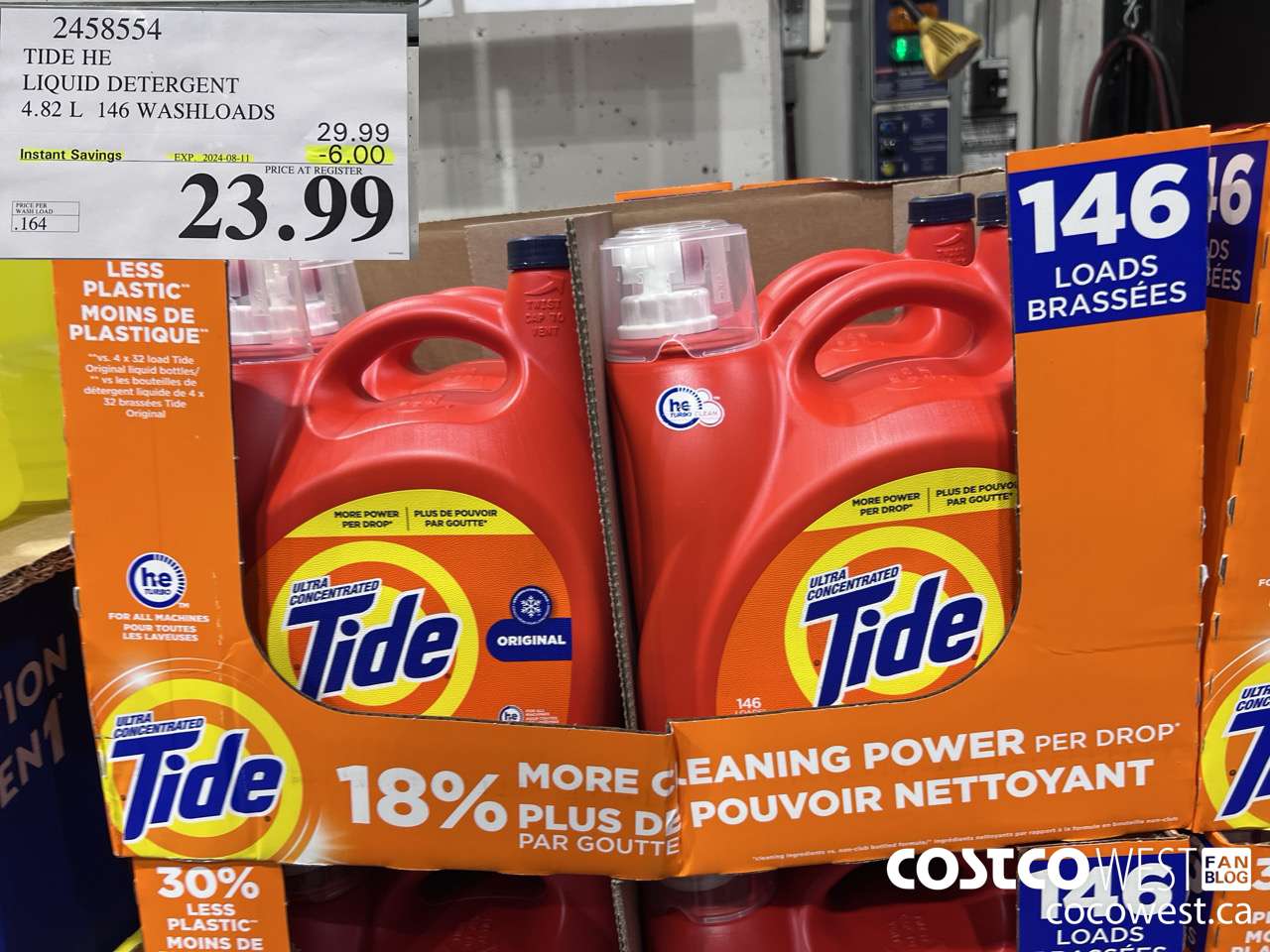 2458554 TIDE HE LIQUID DETERGENT 4.82 L 146 WASHLOADS ($6.00 INSTANT SAVINGS EXPIRES ON 2024-08-11) $23.99
