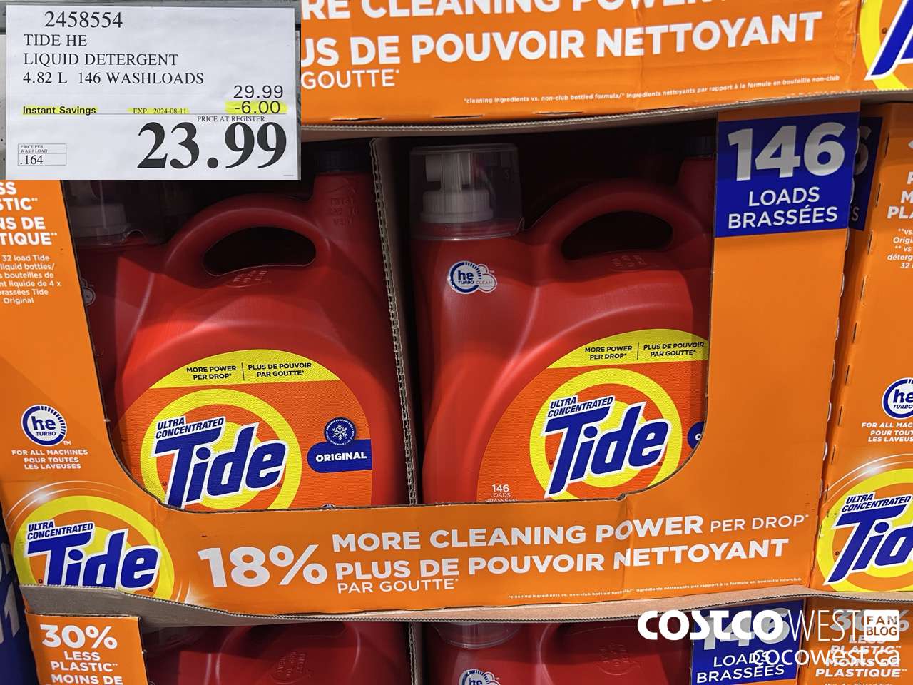 2458554 TIDE HE LIQUID DETERGENT 4.82 L 146 WASHLOADS ($6.00 INSTANT SAVINGS EXPIRES ON 2024-08-11) $23.99