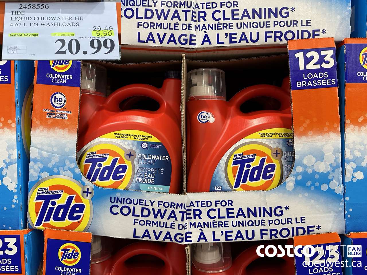 2458556 TIDE LIQUID COLDWATER HE 4.67 L 123 WASHLOADS ($5.50 INSTANT SAVINGS EXPIRES ON 2024-09-01) $20.99